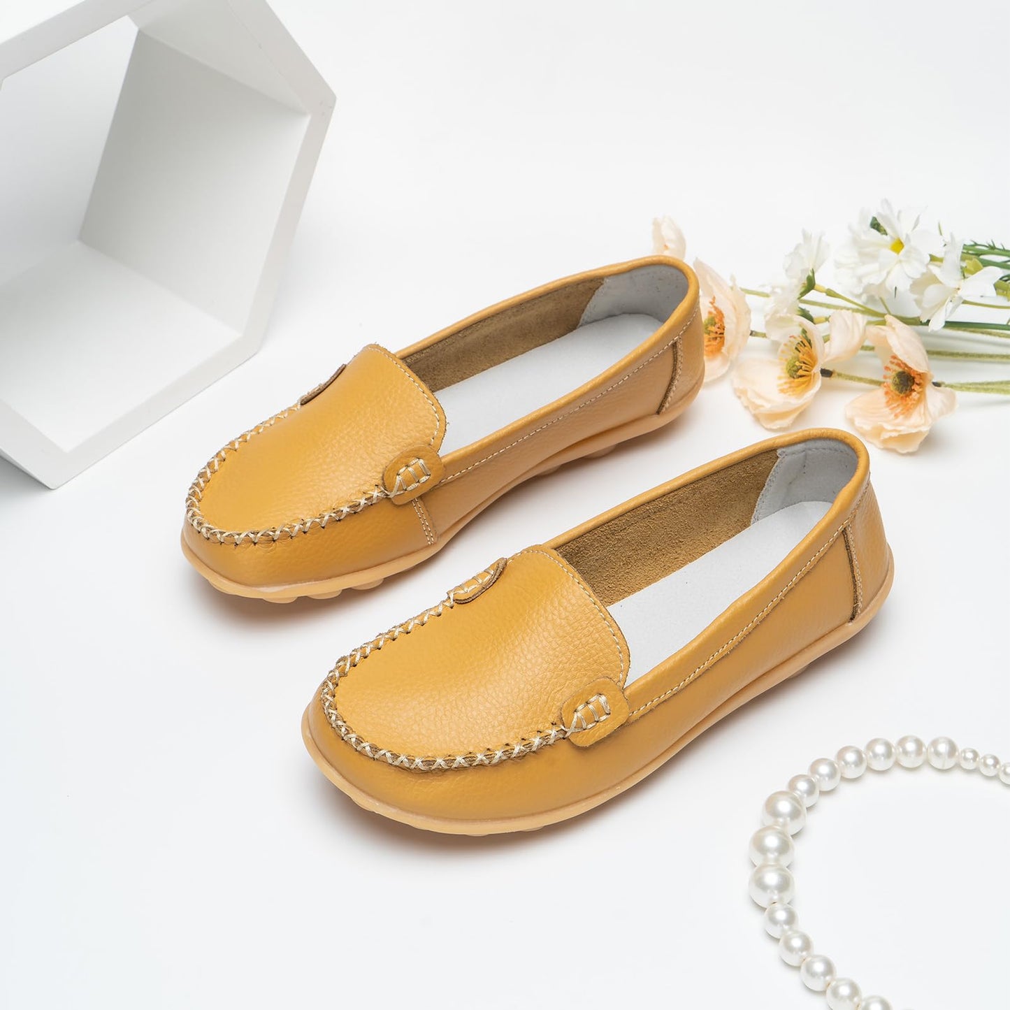 Womens Comfy Loafers Soft Slip on Flat Boat Driving Moccasins Office Work Walking Nursing Shoes Yellow Size 7.5uk