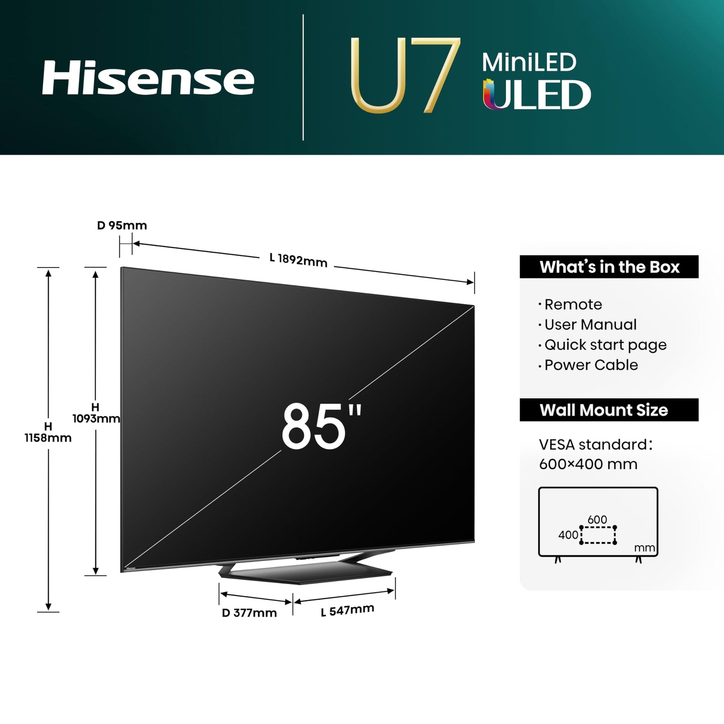 Hisense 85 Inch 144Hz Mini-LED Smart TV 85U7NQTUK - Quantum Dot Colour, Dolby Vision IQ & Atmos, iMax Enhanced, Built-in Subwoofer and Vidaa OS with Freely, Youtube, Netflix and Disney+ (2024 Model)