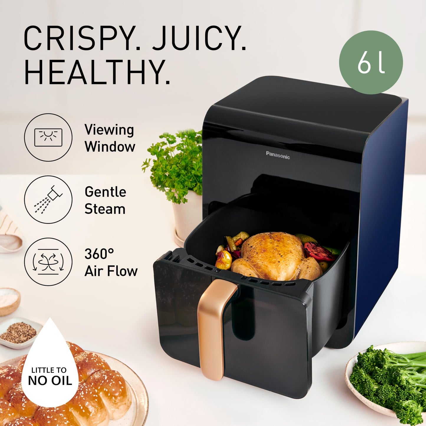 Panasonic NF-CC600AXC Air Fryer With Viewing Window, 6L, 80-200°C, Digital Timer & LCD, Gentle Steam, 11 Presets, Easy Clean, Black/Dark Blue & Rose Gold Handle