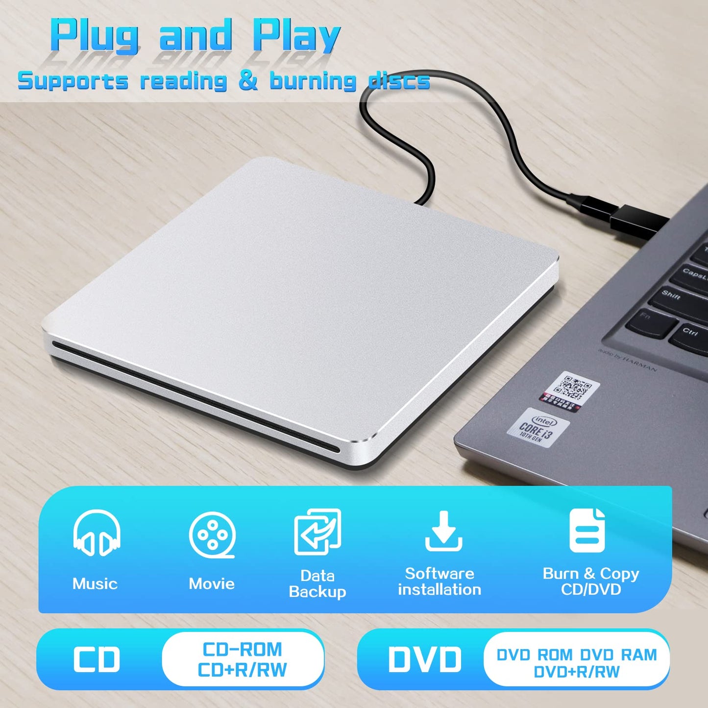 NOLYTH CD Drive for Mac, USB DVD Drive External CD Burner for Laptop, Slot-in SuperDrive for Apple, Portable Optical Disk Reader Writer DVD Player for PC Windows MacBook