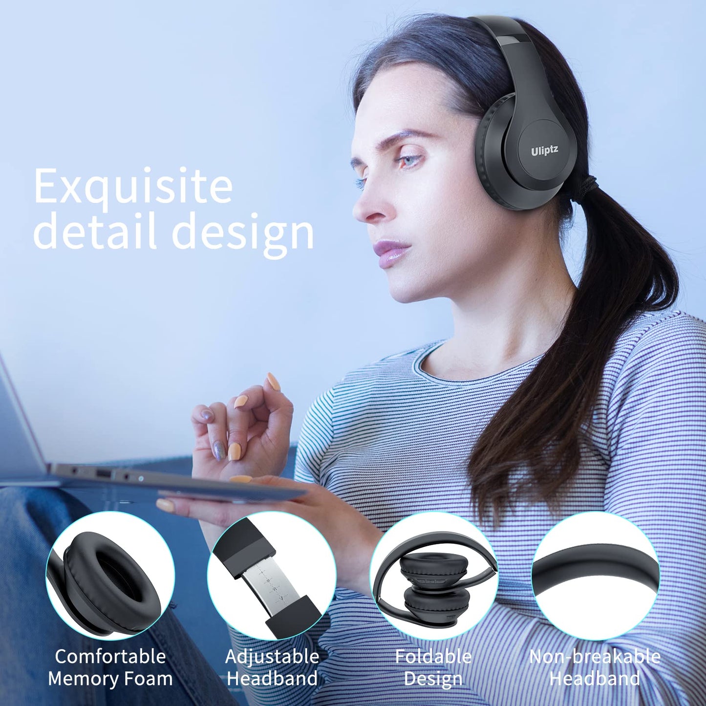 Uliptz Wireless Headphones Over Ear, 65 Hrs Playtime Bluetooth Headphones, 6 EQ Modes Foldable Lightweight Headphones Wireless, Foldable Bluetooth 5.3 for Travel/Office/PC (Black)