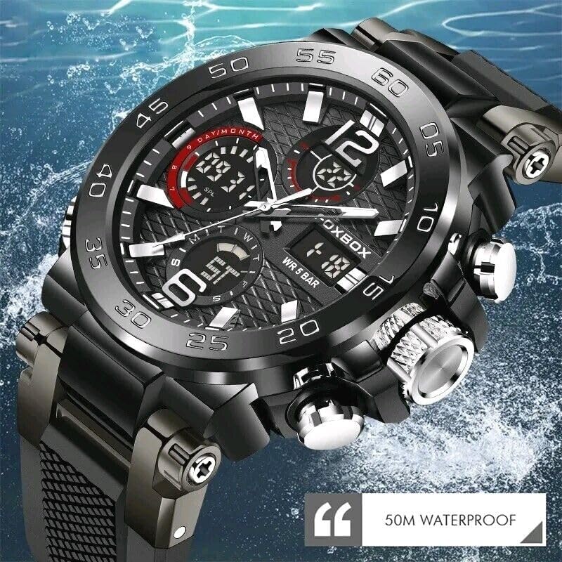 Kara Nicole Mens Diver Sports Wristwatch Digital Analog Quartz LED Waterproof Luxury Watches Duel Time Silicone Strap Stainless Steel Case Black