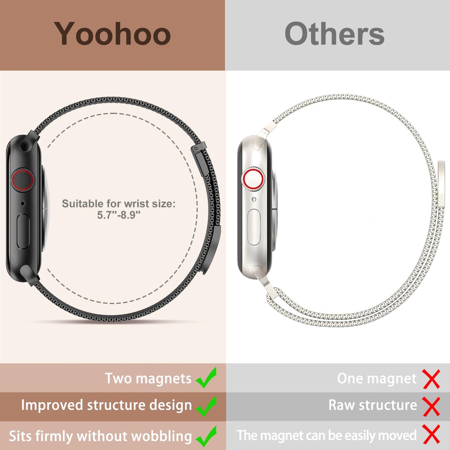Yoohoo Adjustable Metal Strap Compatible with Apple Watch Straps 38mm 40mm 41mm 42mm(Series 10) Women Men,Upgraded Replacement Band for iWatch Series 10 9 8 7 6 5 4 3 2 1 SE Double Magnetic,Black
