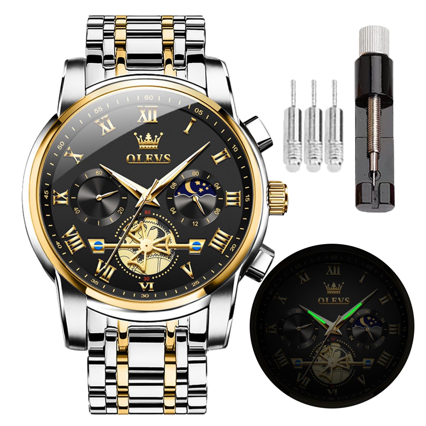 OLEVS Men's Watch, Stainless Steel Waterproof Luminous Analog Quartz Watch, Multifunctional Multi dial Chronograph,Classic Luxury Big face Men's Watch (2859- Blackface)