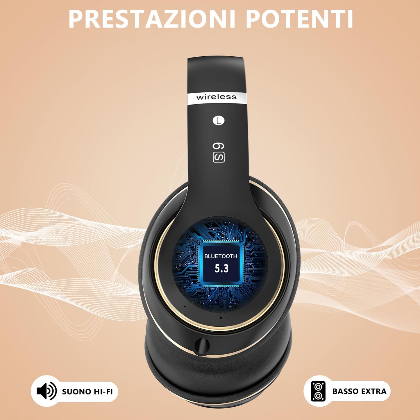 Rebocico Bluetooth Headphones Over Ear, 6 EQ Modes Wireless Headphones Over Ear,65 Hours Playtime Foldable Lightweight Wireless Headphones,with Built-in HD Mic, FM, SD/TF for PC/Home(Black & Gold)