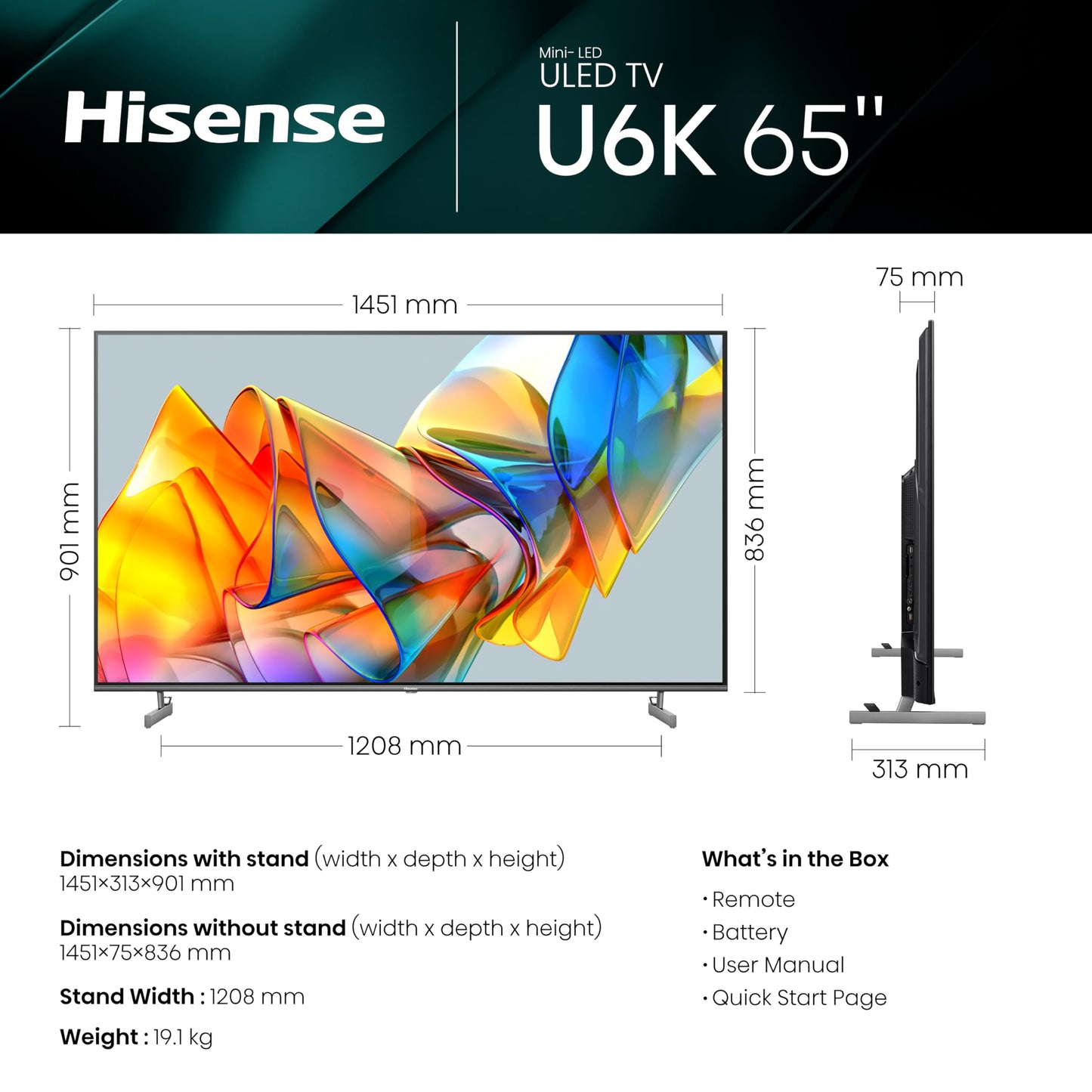 Hisense 65 Inch ULED Mini-LED TV 65U6KQTUK - Quantum Dot Colour, Dolby Vision IQ, VIDAA Smart TV, and Youtube, Freeview Play, Netflix and Disney+ (2023 Model)