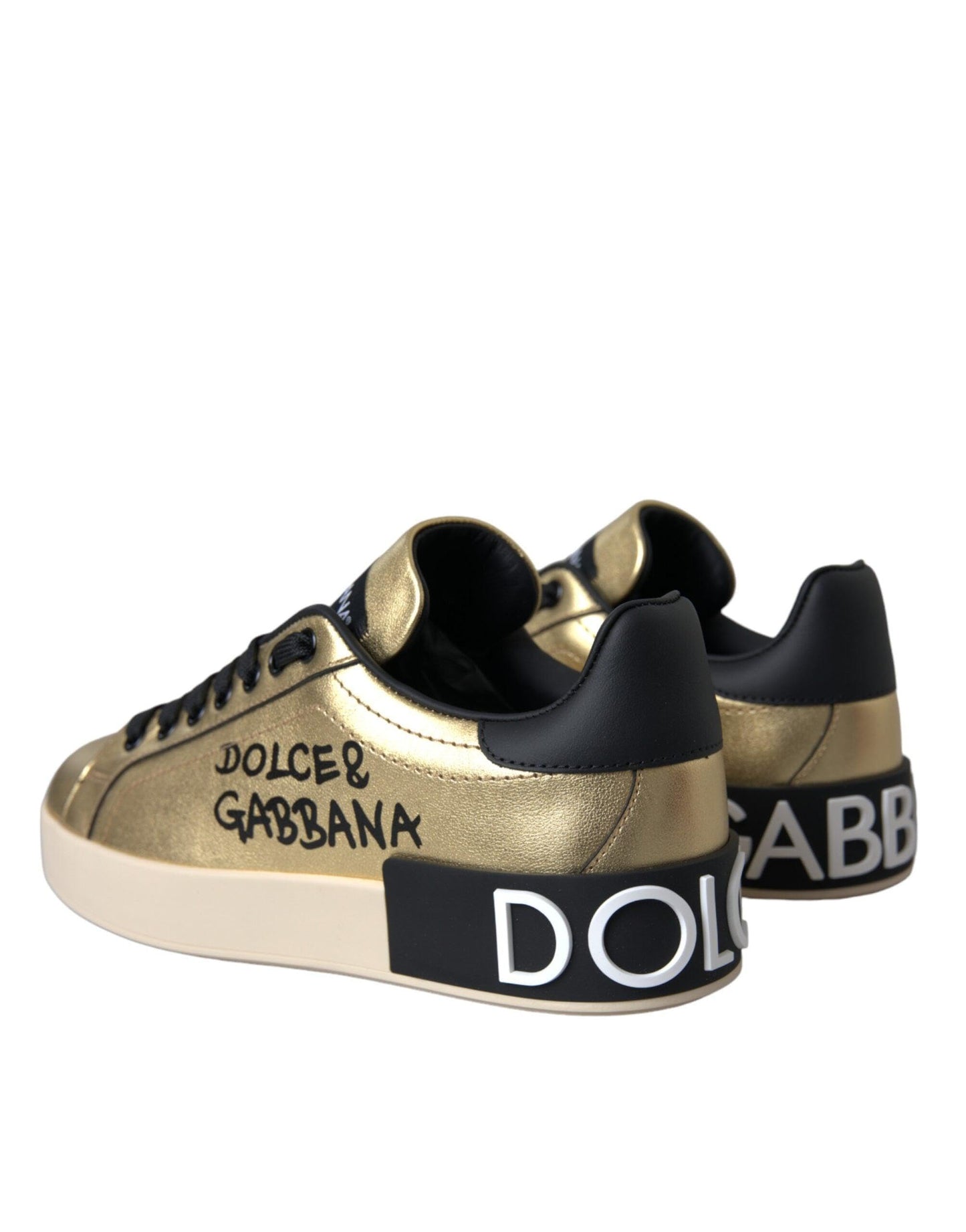 Dolce & Gabbana Gold Portofino Calf Leather Sneakers Women's Shoes (Pre-Owned), Gold Black, 5.5