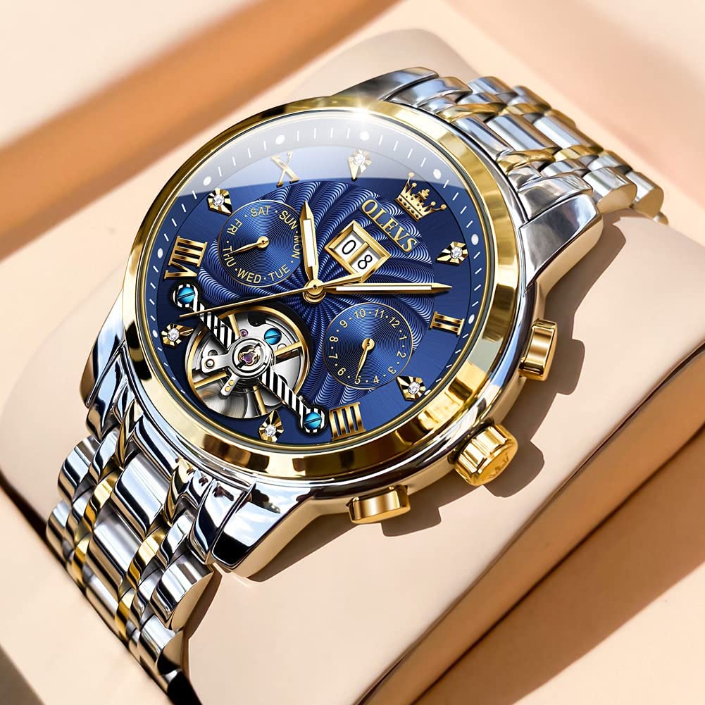 OLEVS Men Automatic Watch Skeleton 5 Hands Mechanical Blue Watch Classic Luxury Multi Calendar Stainless Steel Waterproof Wrist Watch for Men