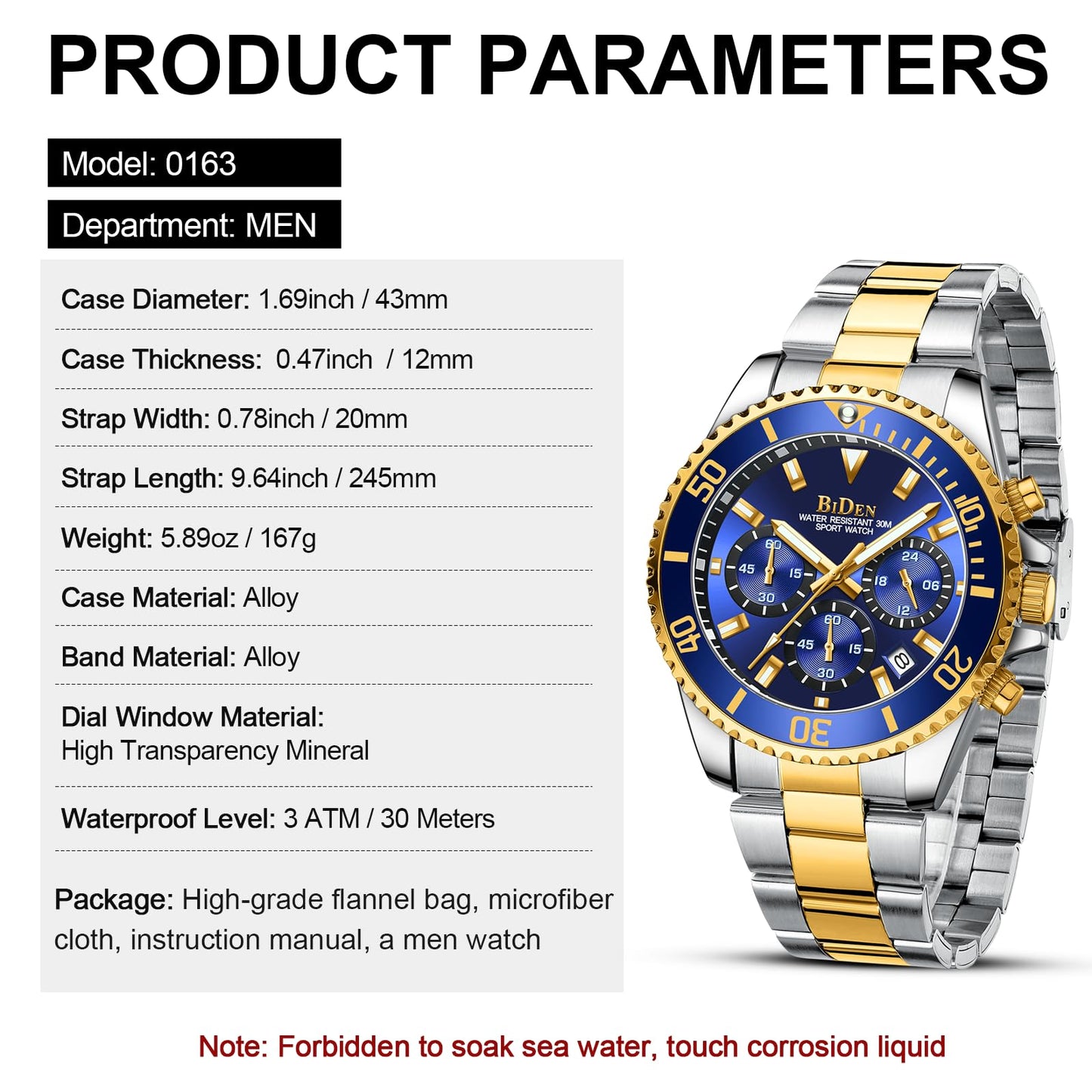 Designer Chronograph Military Waterproof Analogue Quartz Men Stainless Steel Wrist Watch Fashion Large Date Watches for Men Gold Blue