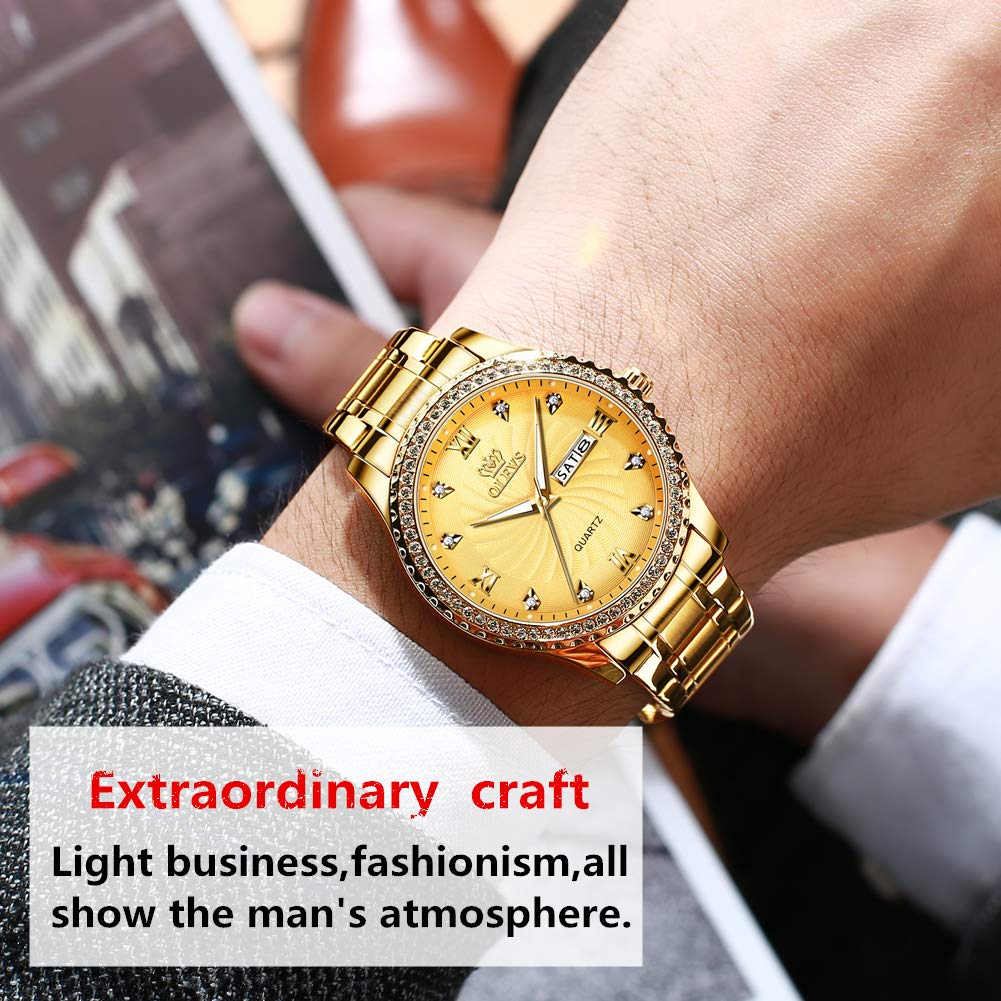 OLEVS Gold Watches for Men Waterproof Diamond Luxury Best Watches for Men Calendar Date Analog Quartz Watch Stainless Steel Classic Wrist Watch Christmas Day Gifts
