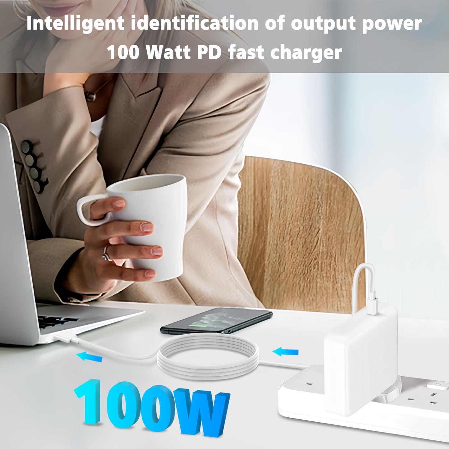 100W Mac Book Pro/Air USB C Charger - Fast Travel Laptop Charger Adapter for Mac Book Pro/Air,13,14,15,16 inch,i Pad, i Phone 14 Pro,and ALL USB C Type C Device 5.9 ft C to C Cable Included