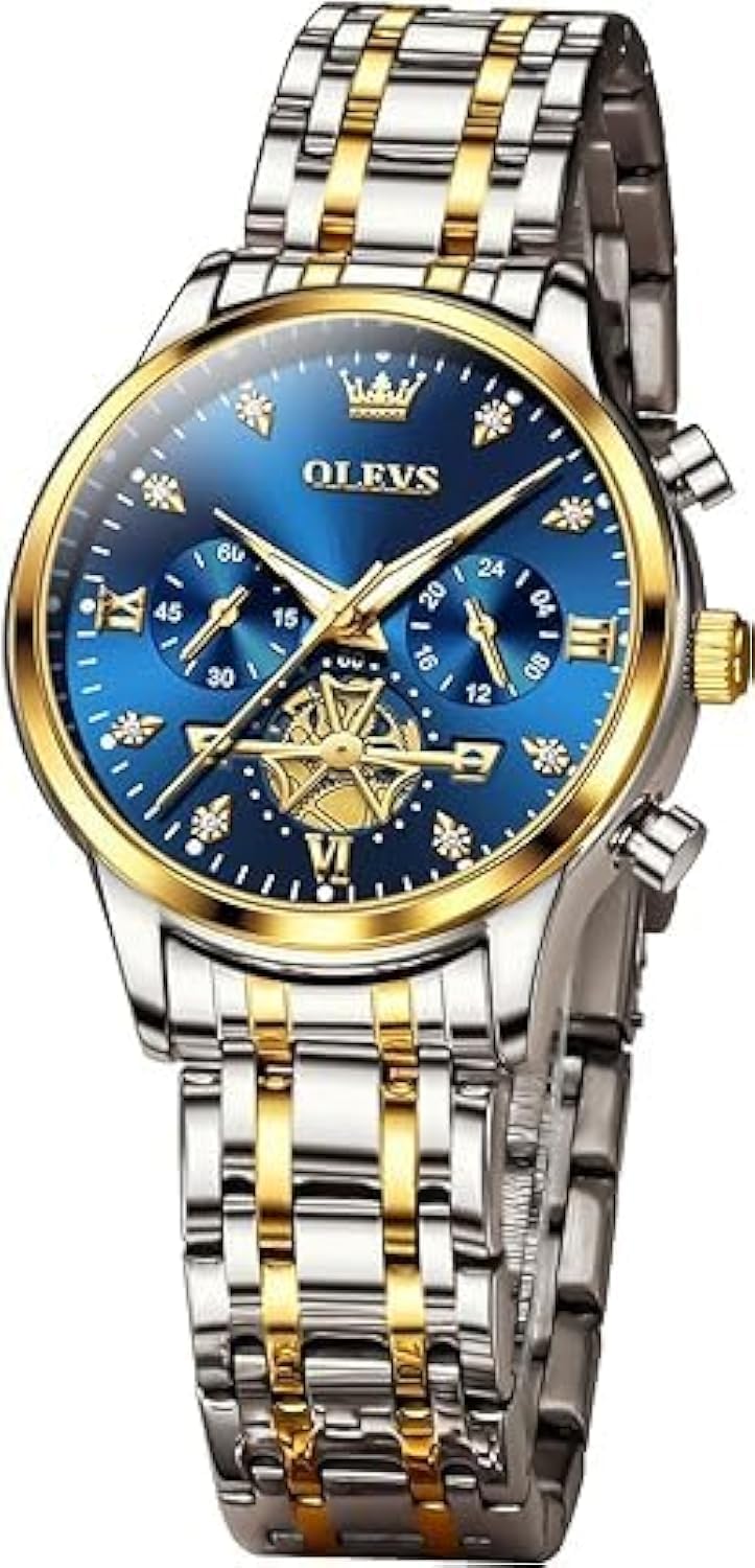 OLEVS Women Quartz Watches Luxury Casual Dress Elegant Wrist Watches Two Tone Stainless Steel Watches with Blue Black White Dial Diamond Waterproof Luminous Ladies Watch