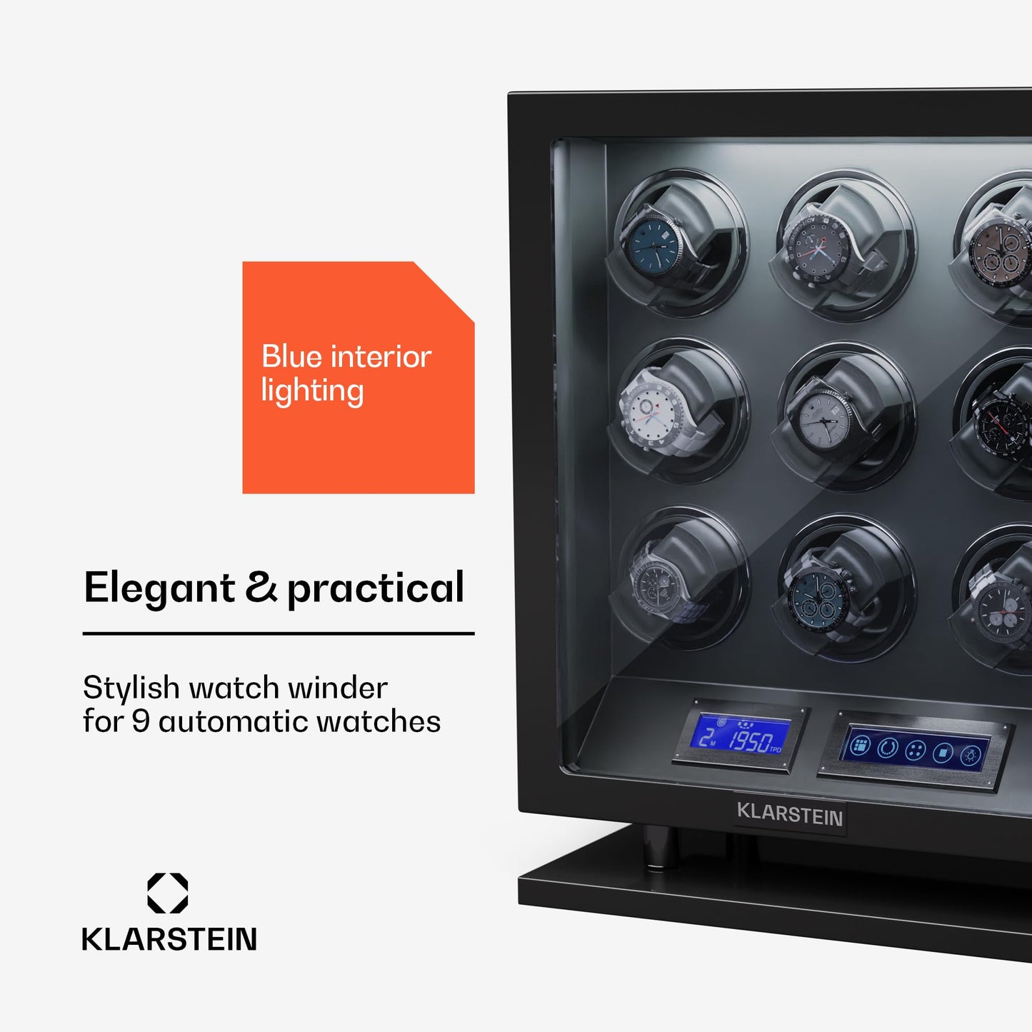 KLARSTEIN watch winder for automatic watches, automatic watch winder for 9 watches, automatic watch winder with acrylic door, automatic watch winder, blue LEDs, watch winder with 5 TPD settings