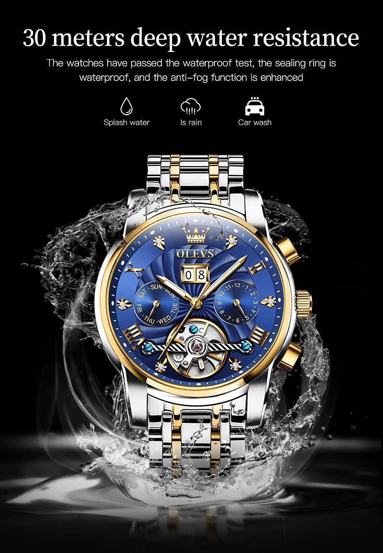 OLEVS Men Automatic Watch Skeleton 5 Hands Mechanical Blue Watch Classic Luxury Multi Calendar Stainless Steel Waterproof Wrist Watch for Men
