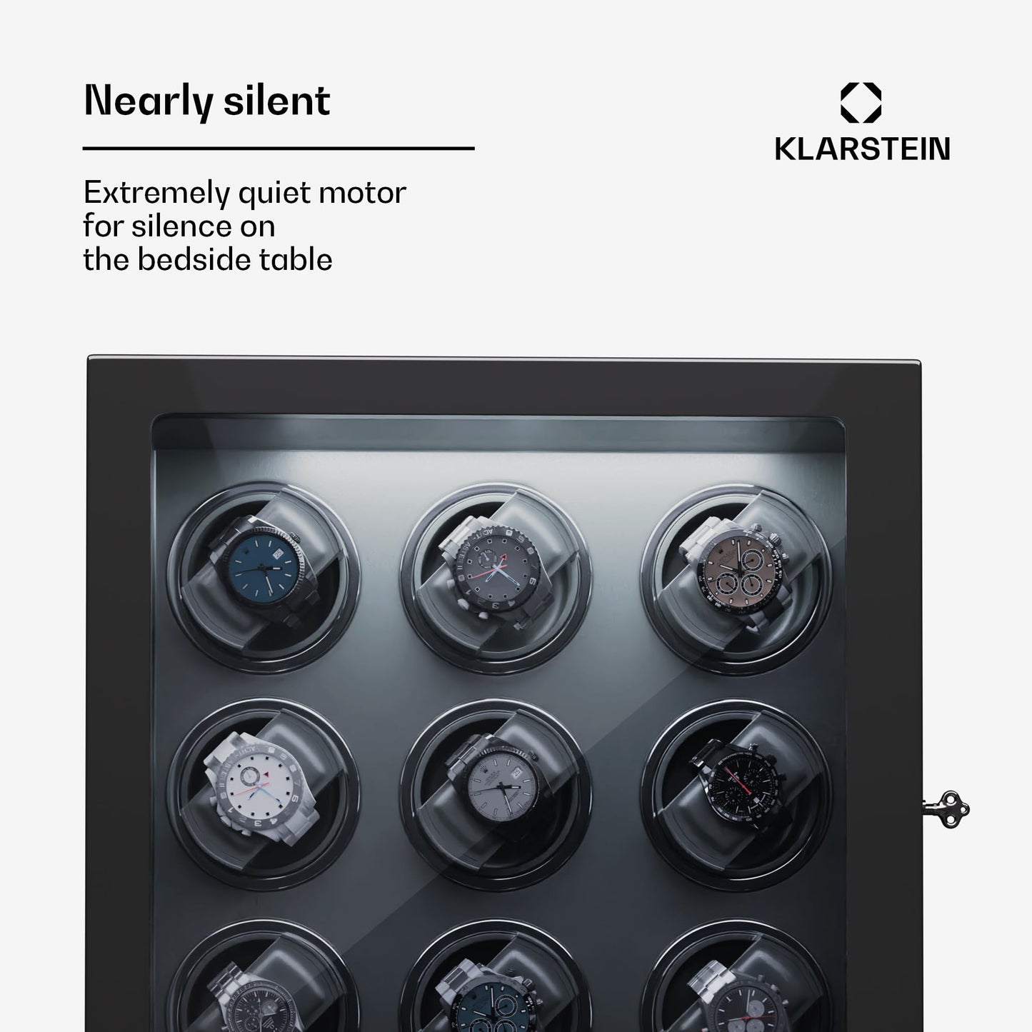 KLARSTEIN watch winder for automatic watches, automatic watch winder for 9 watches, automatic watch winder with acrylic door, automatic watch winder, blue LEDs, watch winder with 5 TPD settings