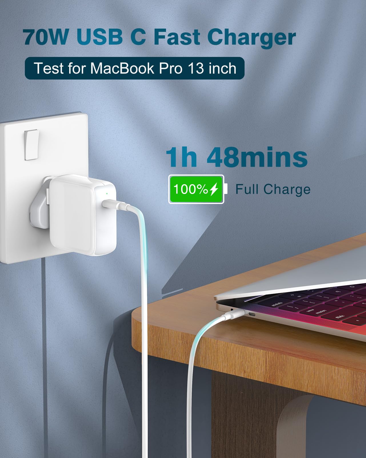 Mac Book Charger - 70W USB C Mac Charger Compatible with MacBook Air MacBook Pro 13 14 15 16 inch Mac Laptop, 2024 iPad, Type C Fast Power Adapter with 2M/6.6FT Mac Charging Cable USB C