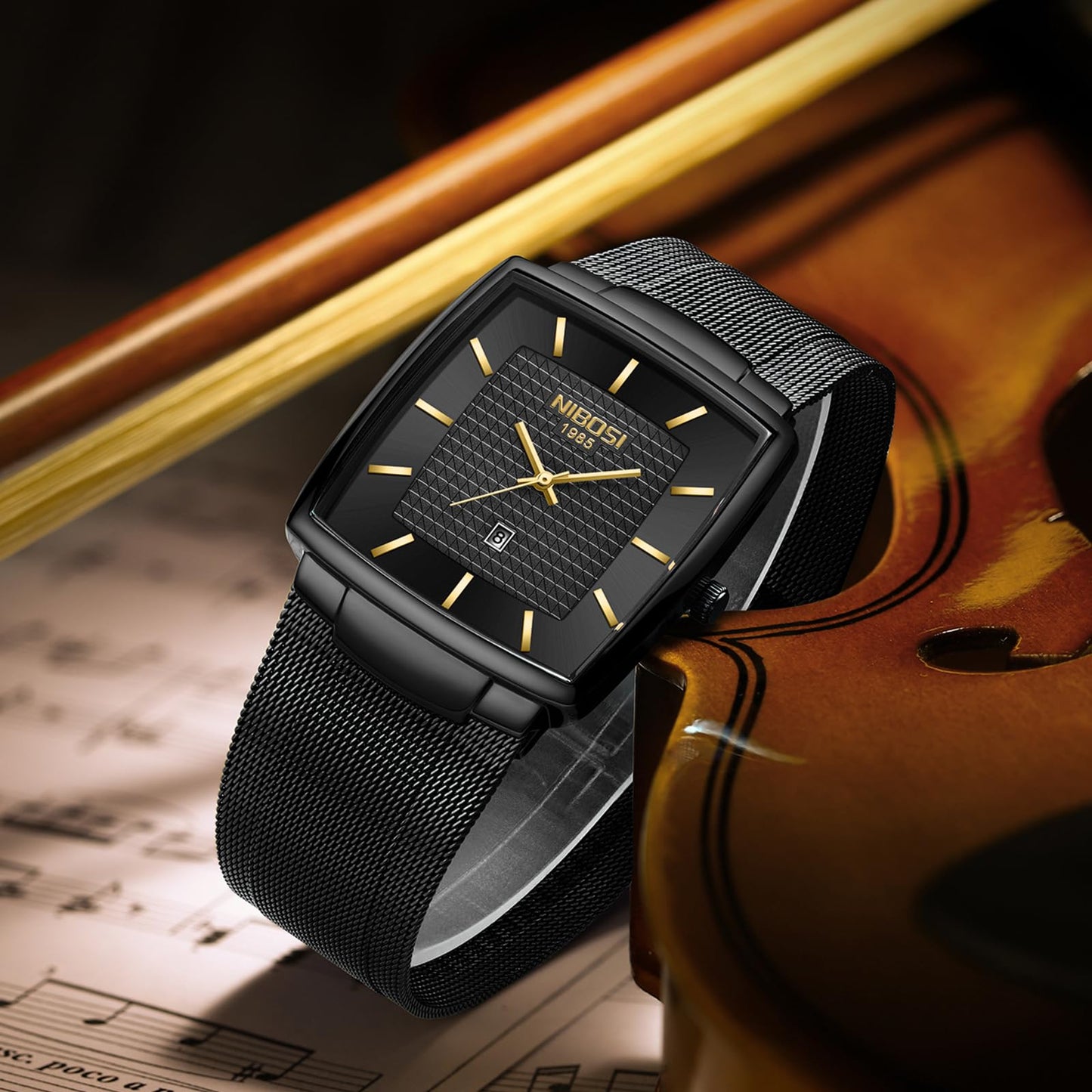 NIBOSI Men Watches Luxury Military Waterproof Sport Quartz Analog Square Wrist Watch for Men with Stainless Steel Mesh Band Date Calendar (All Black Gold)