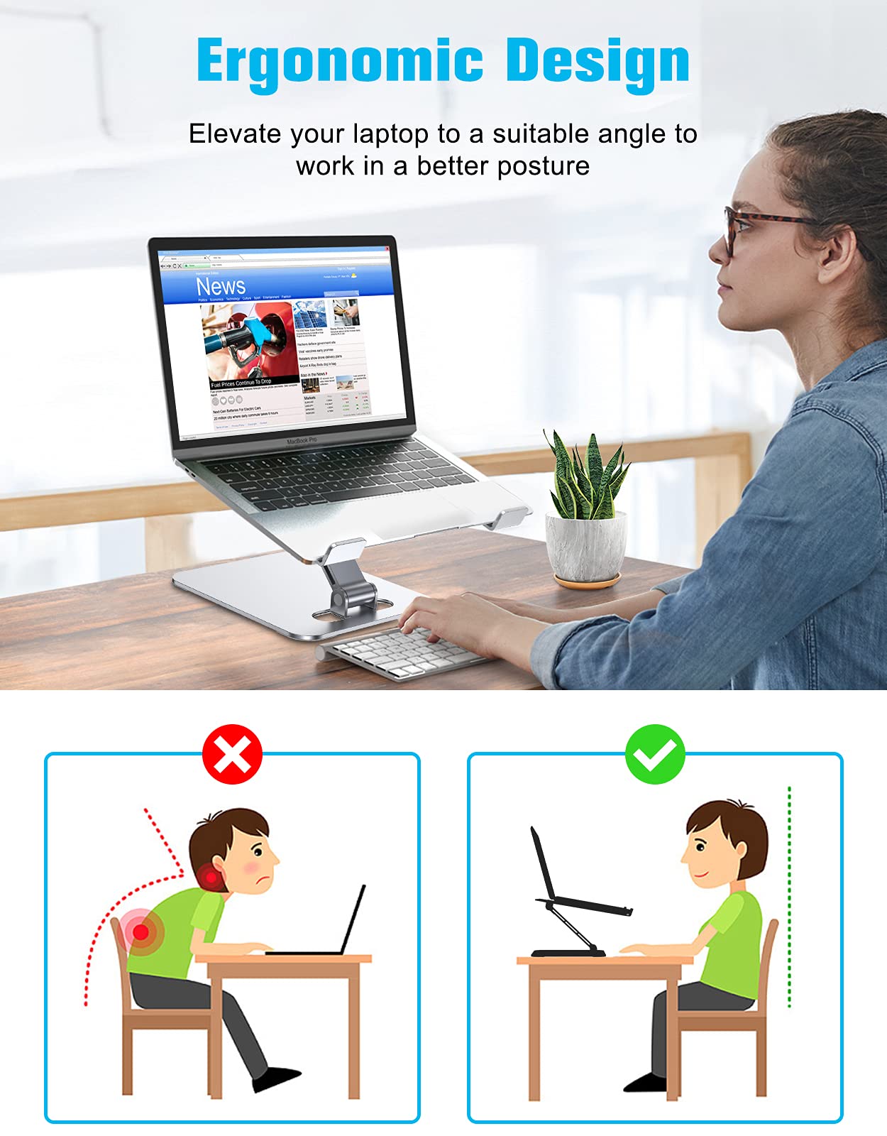 Babacom Laptop Stand Lap Desk, Ergonomic Foldable Computer Stand with Adjustable Height, Ventilated Aluminium Alloy Riser Compatible with MacBook Air, Pro, All 10-16" Laptops (Silver)