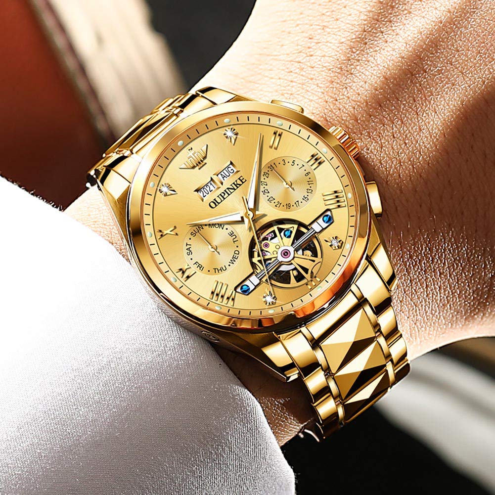 OLEVS Automatic Watch for Men Self Winding Tourbillon Mechanical Business Luxury Gold Face Waterproof Luminous Sapphire Crystal Wrist Watch
