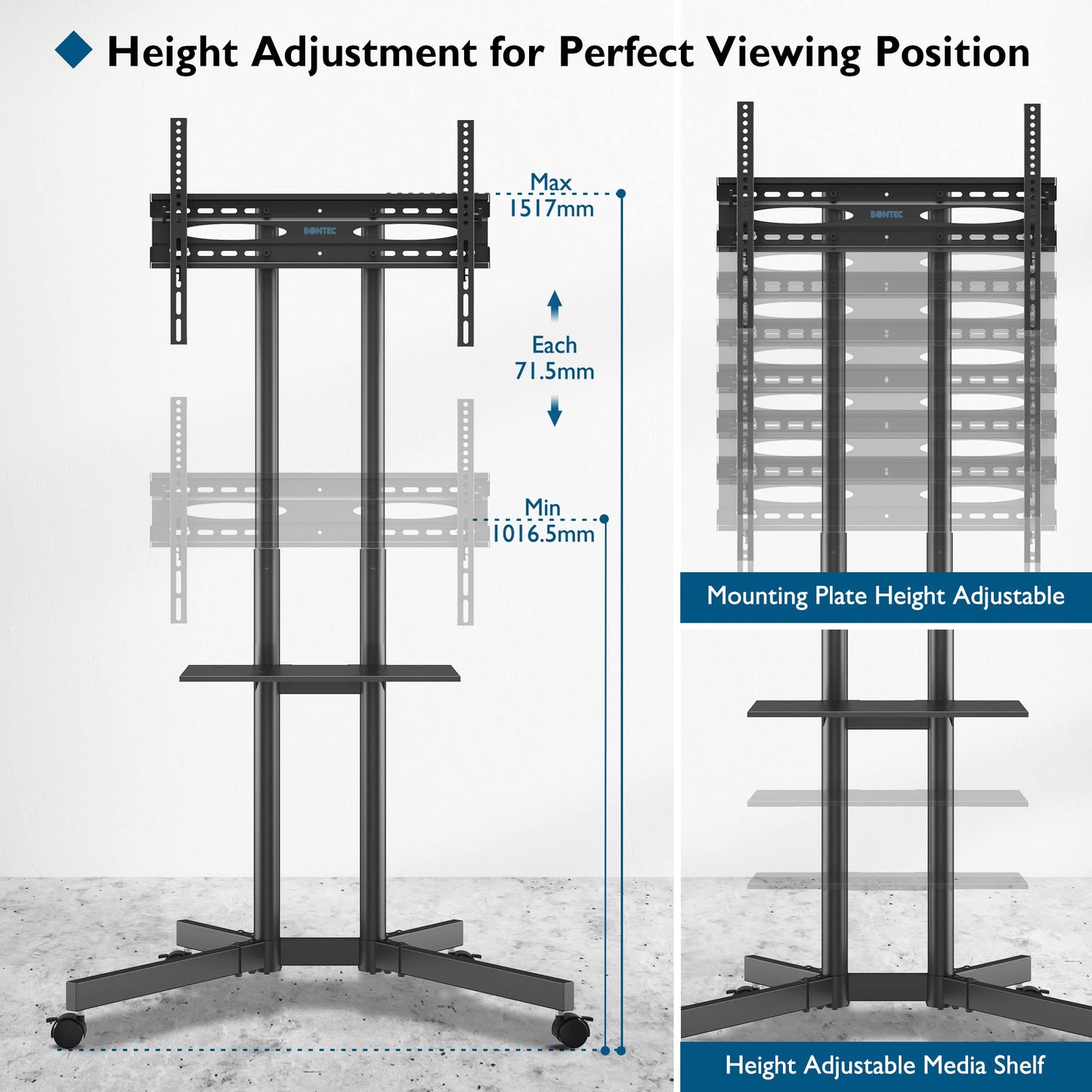 BONTEC Mobile TV Stand on Wheels for 32-85 inch LCD LED OLED Flat Curved TVs, Height adjustable Shelf Trolley Floor Stand Holds up to 60kg, TV Stand with Tray Max VESA 600x400mm