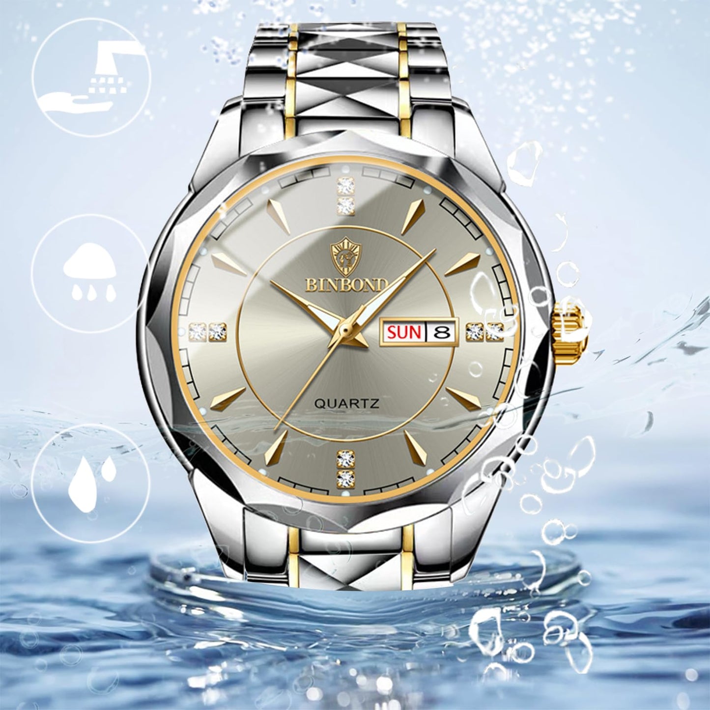 JewelryWe Business Analog Quartz Watches: Men Women Dress Waterproof Luminous Date Calendar Dial Stainless Steel Luxury Multifunctional Couple Wrist Watch