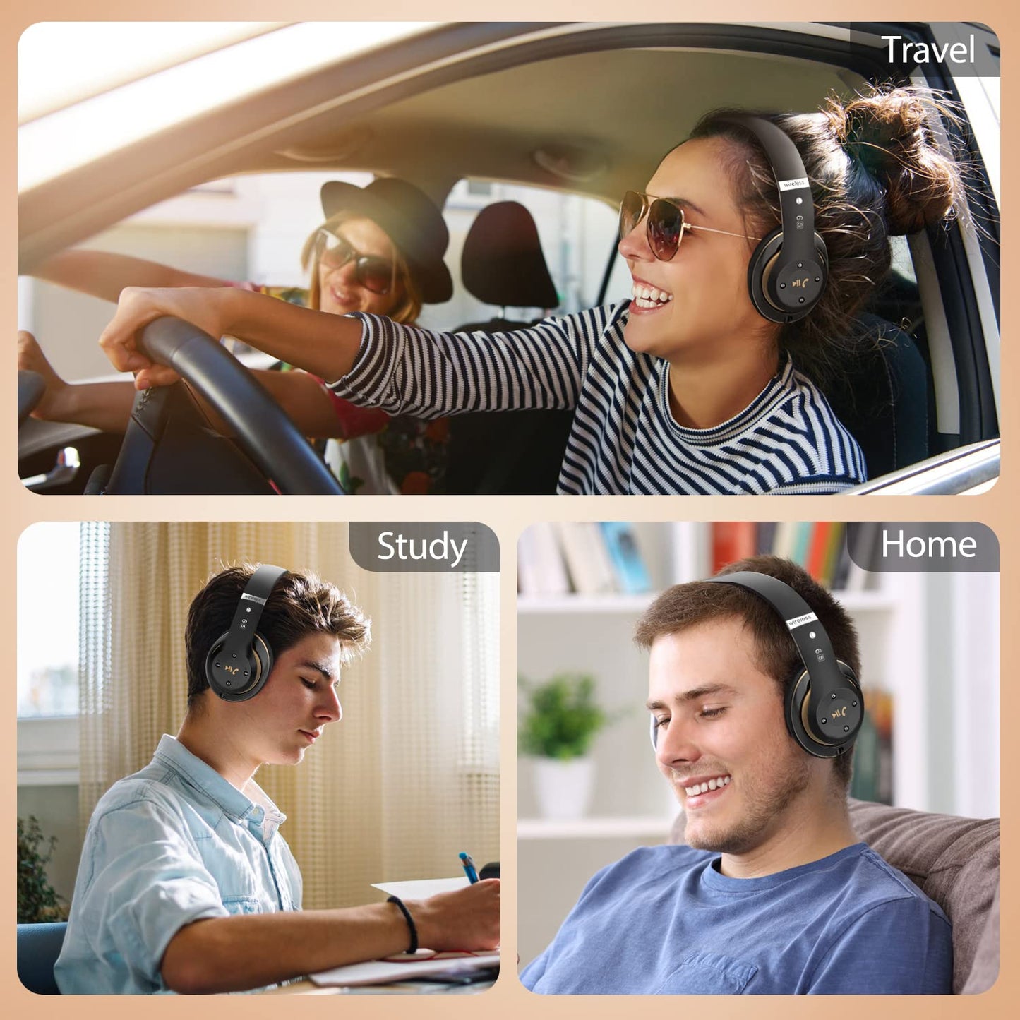 Rebocico Bluetooth Headphones Over Ear, 6 EQ Modes Wireless Headphones Over Ear,65 Hours Playtime Foldable Lightweight Wireless Headphones,with Built-in HD Mic, FM, SD/TF for PC/Home(Black & Gold)