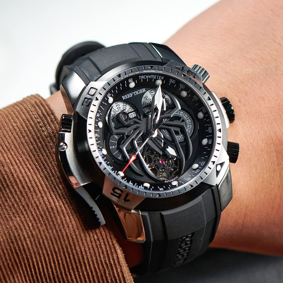 Reef Tiger Fashion Style Sport Automatic Watch Spider Dial with Complicated Year Month Calendar Mechanical Rubber Watches RGA3532SP (RGA3532SP-YBR)