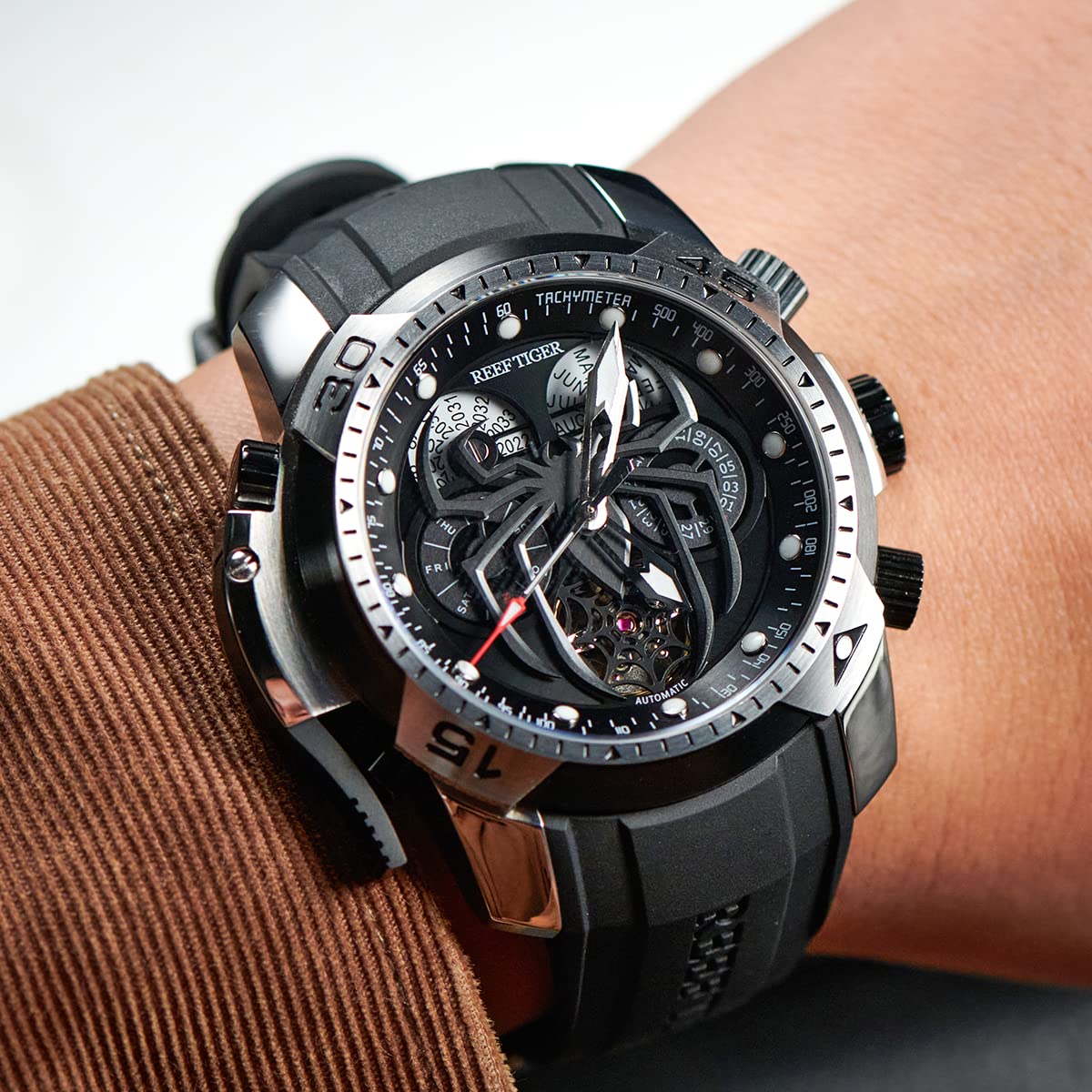 Reef Tiger Fashion Style Sport Automatic Watch Spider Dial with Complicated Year Month Calendar Mechanical Rubber Watches RGA3532SP (RGA3532SP-YBR)