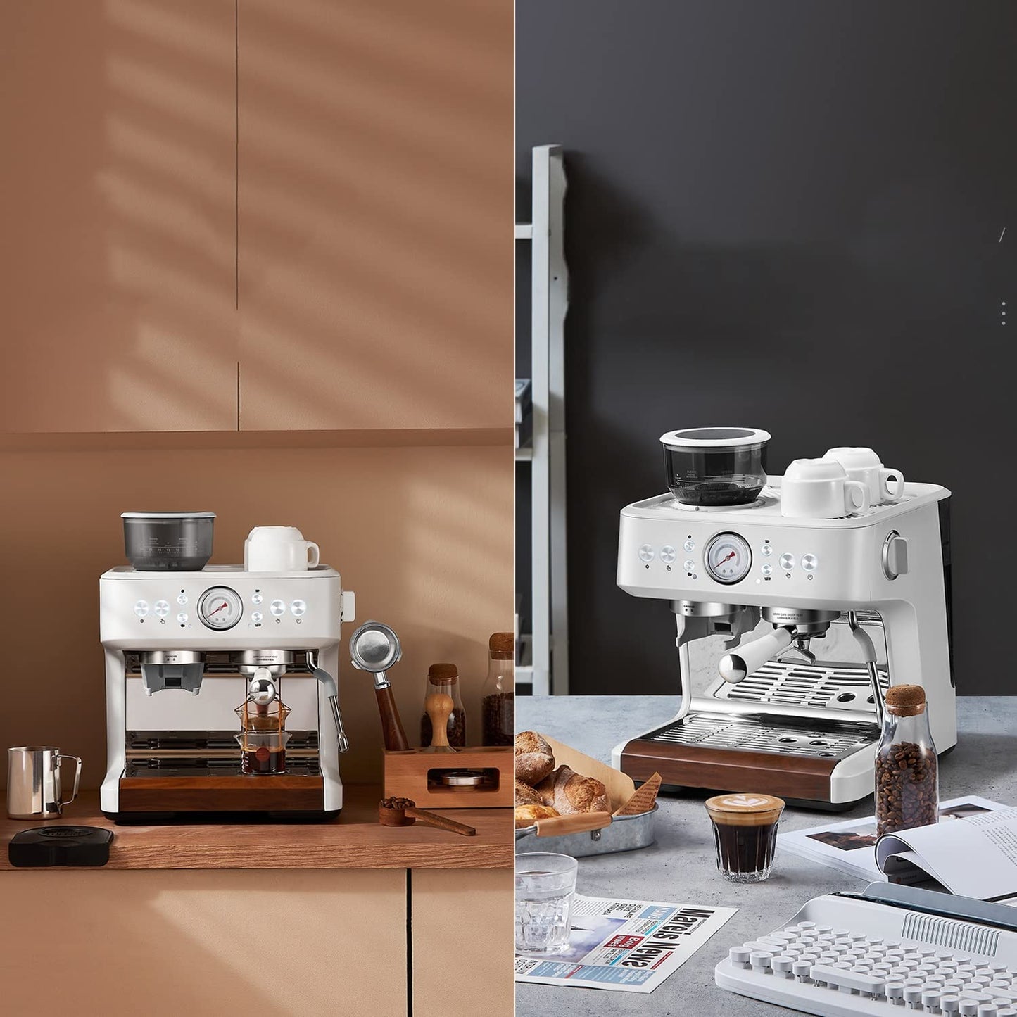 AVLUZ Espresso Machine Semi-Automatic Coffee Maker, Milk Frother Grind Integrated Machine with Double Boiler, Automatic Cleaning