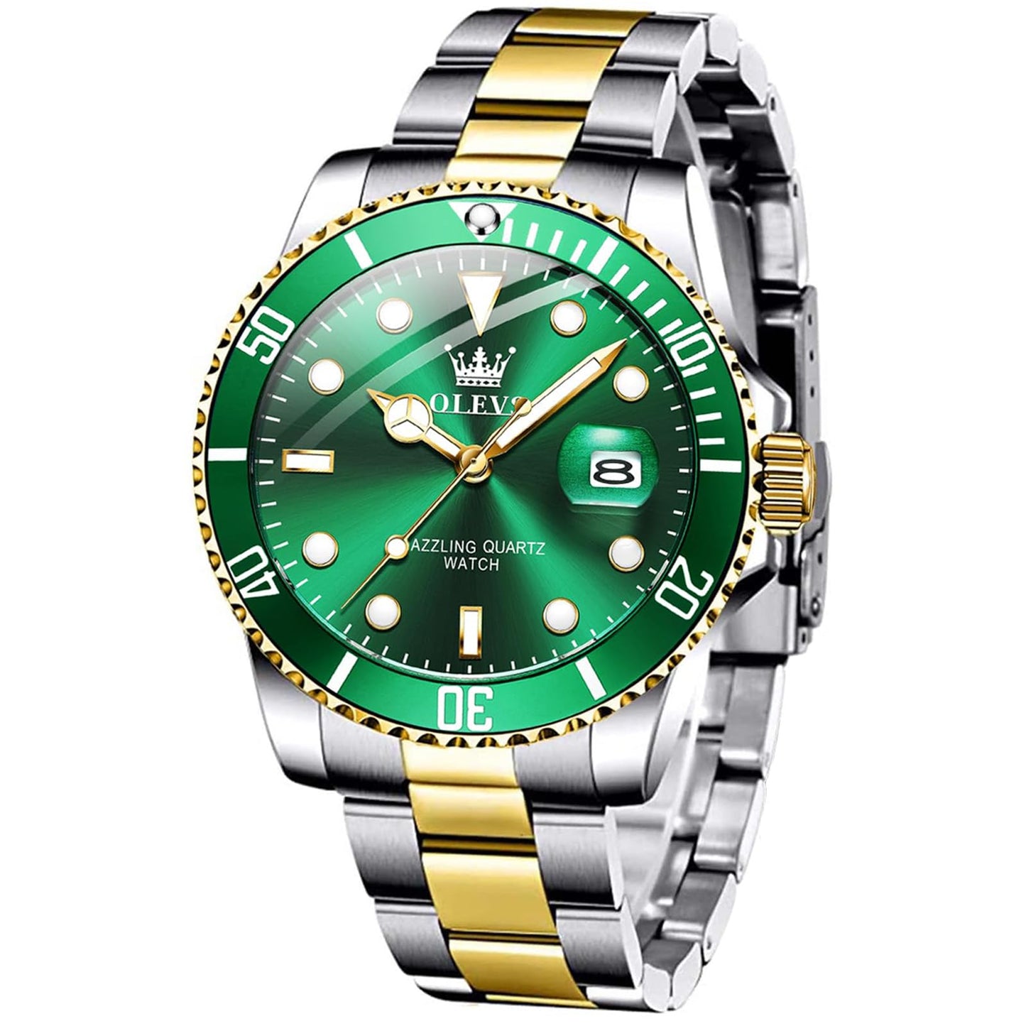 OLEVS Mens Watches, Silver Dress Gold Classic Luxury Big Large Face Waterproof Watches for Men, Analog Two Tone Stainless Steel Men Wrist Watch with Date Relojes De Hombre (Green/Blue/Black Dial