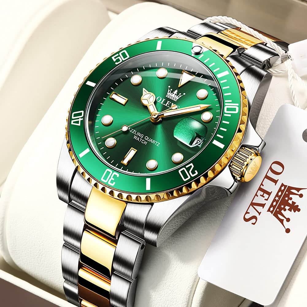 OLEVS Mens Watches, Silver Dress Gold Classic Luxury Big Large Face Waterproof Watches for Men, Analog Two Tone Stainless Steel Men Wrist Watch with Date Relojes De Hombre (Green/Blue/Black Dial