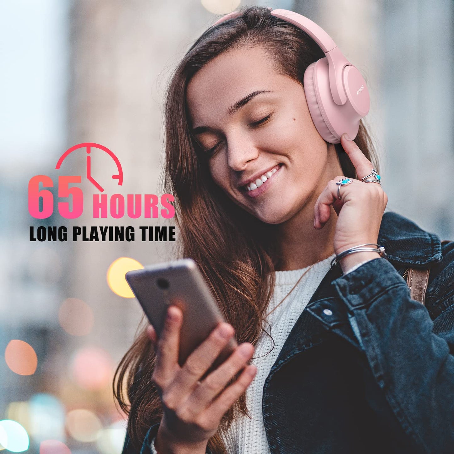 KVIDIO Bluetooth Headphones Over Ear, 65 Hours Playtime Wireless Headphones with Microphone, Foldable Lightweight Headset with Deep Bass,HiFi Stereo Sound for Travel Work PC Cellphone (Pink)