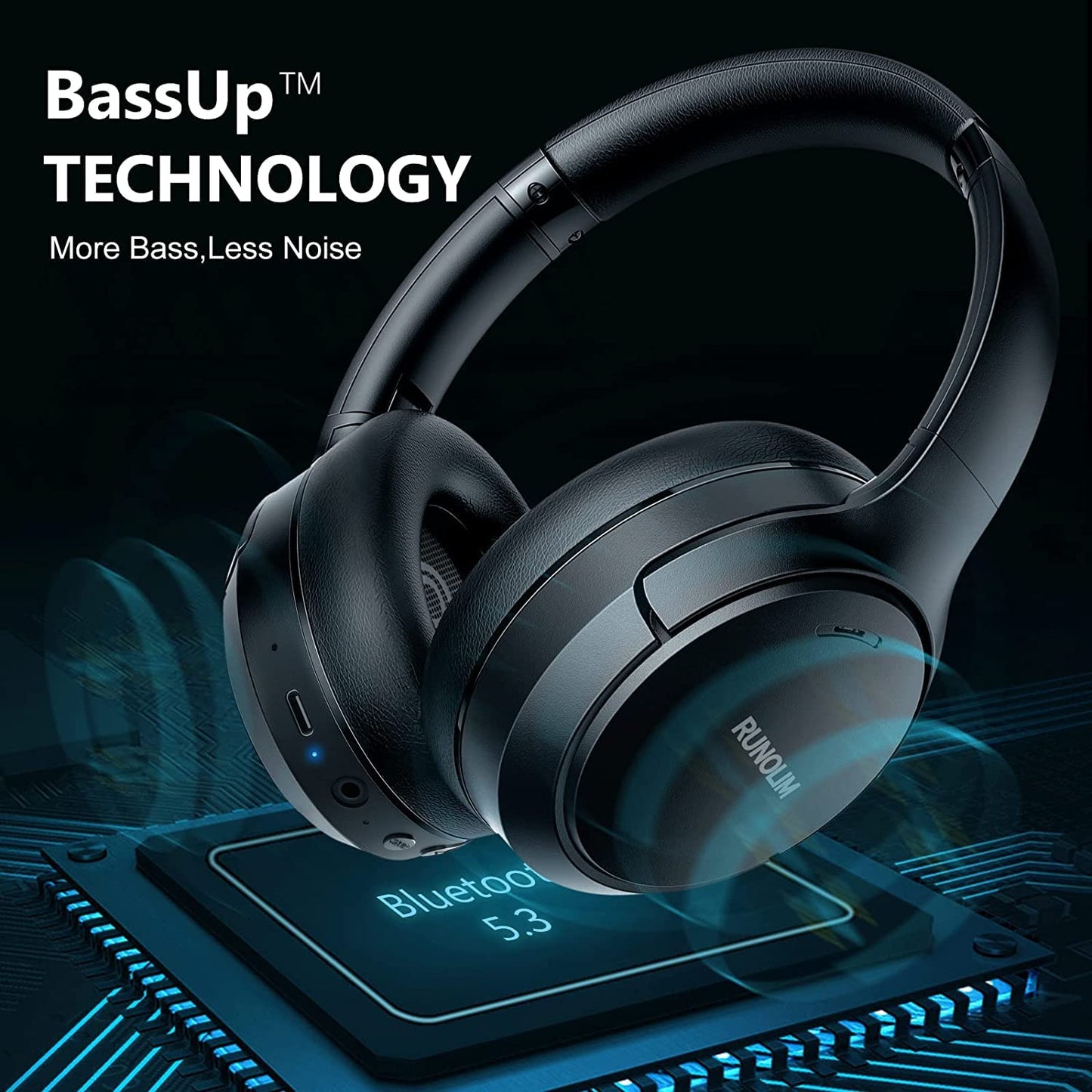 RUNOLIM Hybrid Active Noise Cancelling Headphones, Wireless Over Ear Bluetooth Headphones with Microphone, 70H Playtime, Foldable Wireless Headphones with HiFi Audio, Deep Bass for Home Travel Office