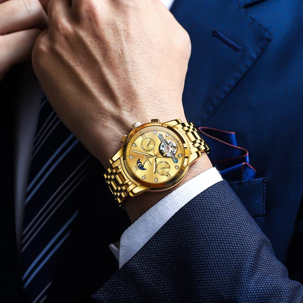 OLEVS Men Automatic Watch Gold Watch Skeleton Luxury Dress Stainless Steel Strap 5 Hands Moon Phase Diamond Men Wrist Watches