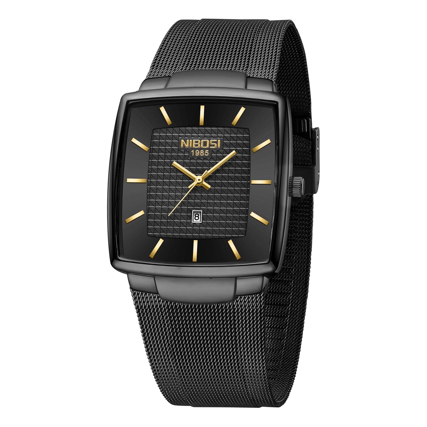 NIBOSI Men Watches Luxury Military Waterproof Sport Quartz Analog Square Wrist Watch for Men with Stainless Steel Mesh Band Date Calendar (All Black Gold)
