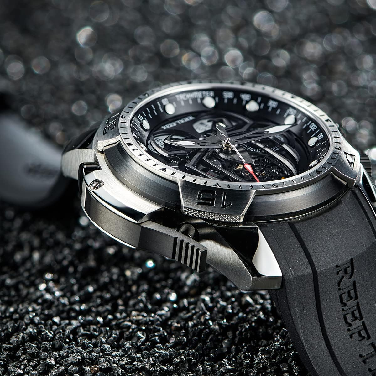 Reef Tiger Fashion Style Sport Automatic Watch Spider Dial with Complicated Year Month Calendar Mechanical Rubber Watches RGA3532SP (RGA3532SP-YBR)