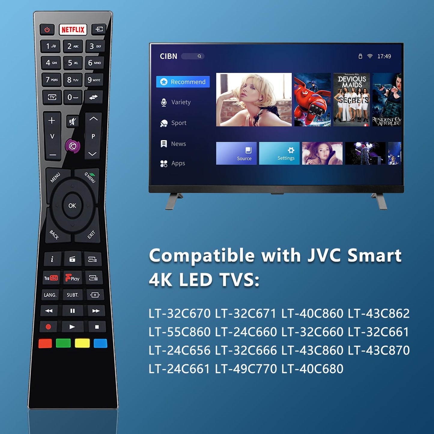Replacement JVC Remote Control RM-C3231 for JVC Smart 4K LED TV LT-32C670 LT-32C661 LT-32C660 LT-55C860 LT-24C660 LT-32C661 LT-49C770 with Netflix Youtube Button - No Setup Required