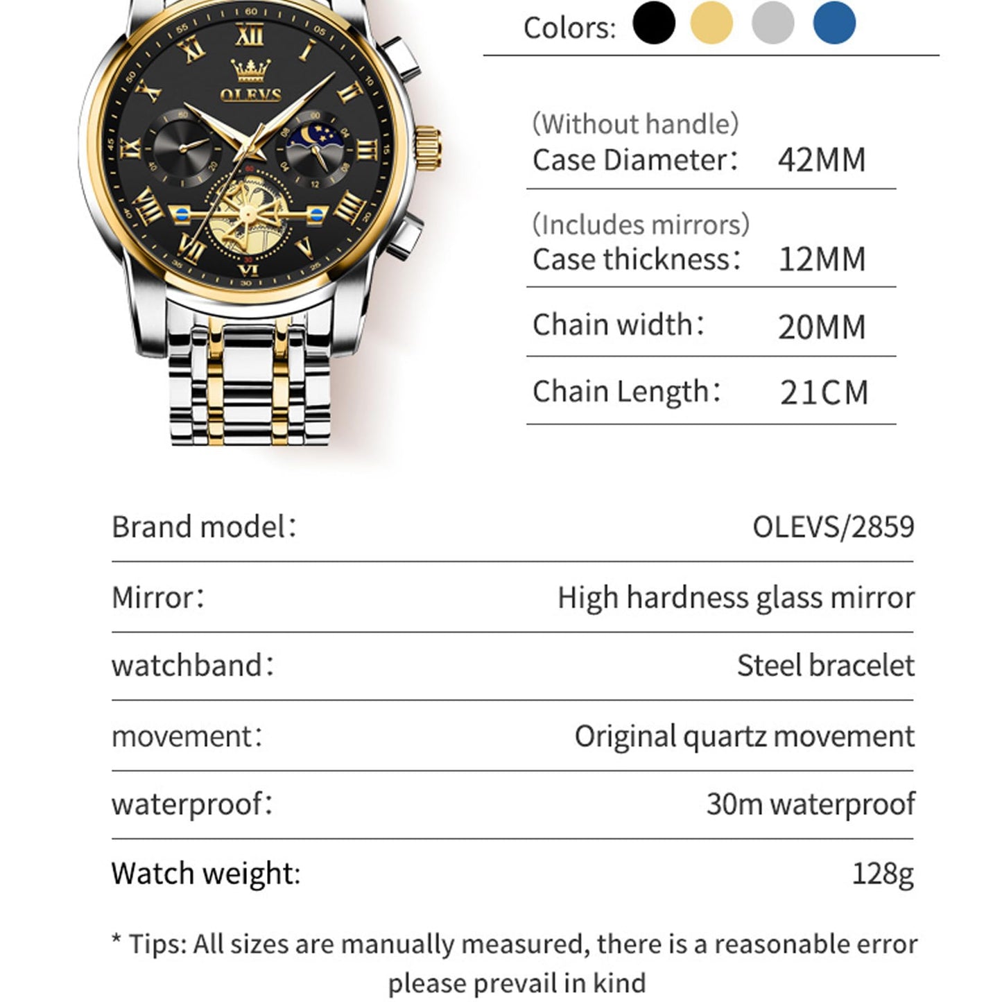 OLEVS Men's Watch, Stainless Steel Waterproof Luminous Analog Quartz Watch, Multifunctional Multi dial Chronograph,Classic Luxury Big face Men's Watch (2859- Blackface)