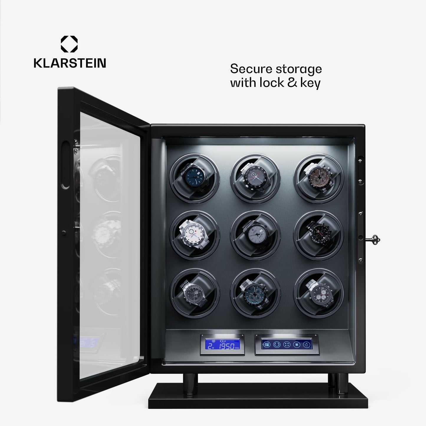 KLARSTEIN watch winder for automatic watches, automatic watch winder for 9 watches, automatic watch winder with acrylic door, automatic watch winder, blue LEDs, watch winder with 5 TPD settings