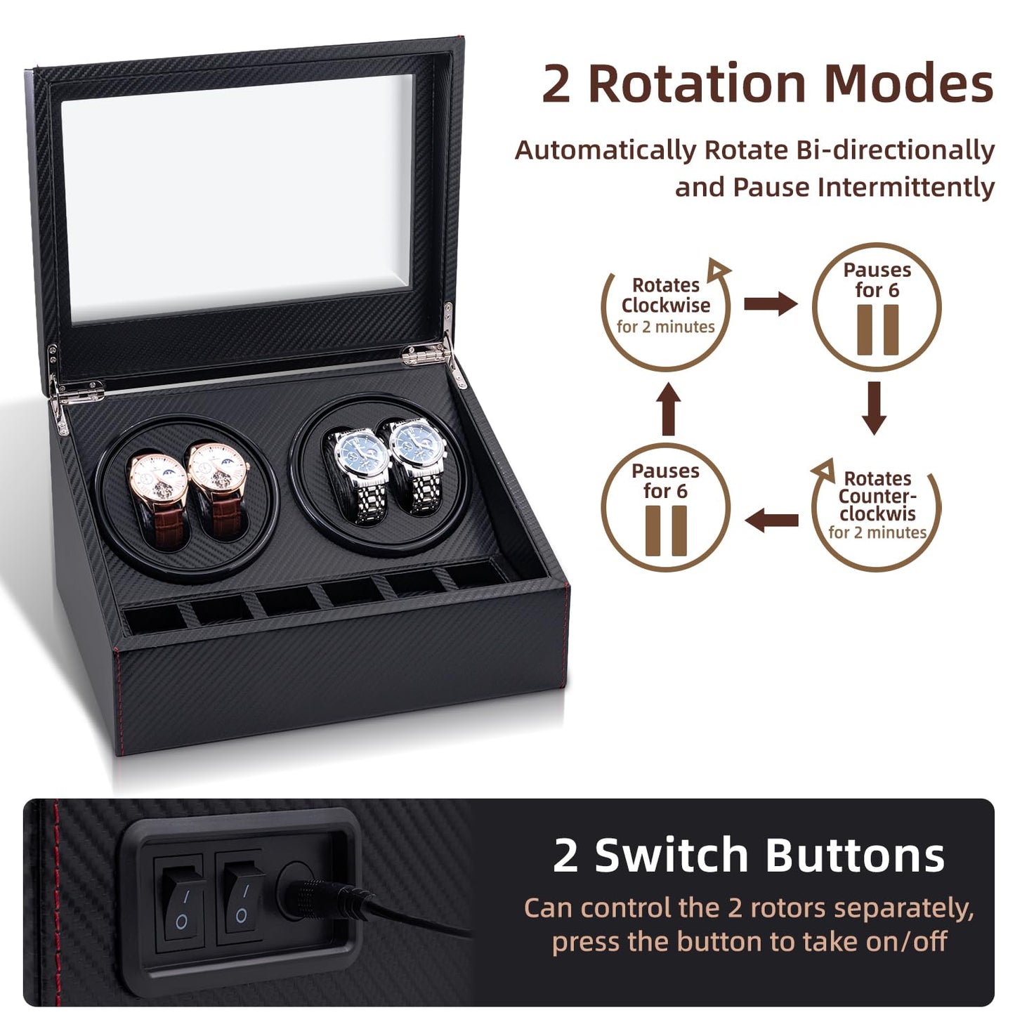 Mcbazel Automatic Watch Winder Box for 4 Watches,4 Watch Winder Box with 4 Watch Winder & 6 Extra Storage Space,Carbon Fiber Leather Watch Winder Storage Display Box with Quiet Running Motor