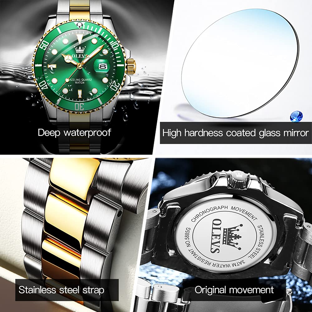 OLEVS Mens Watches, Silver Dress Gold Classic Luxury Big Large Face Waterproof Watches for Men, Analog Two Tone Stainless Steel Men Wrist Watch with Date Relojes De Hombre (Green/Blue/Black Dial