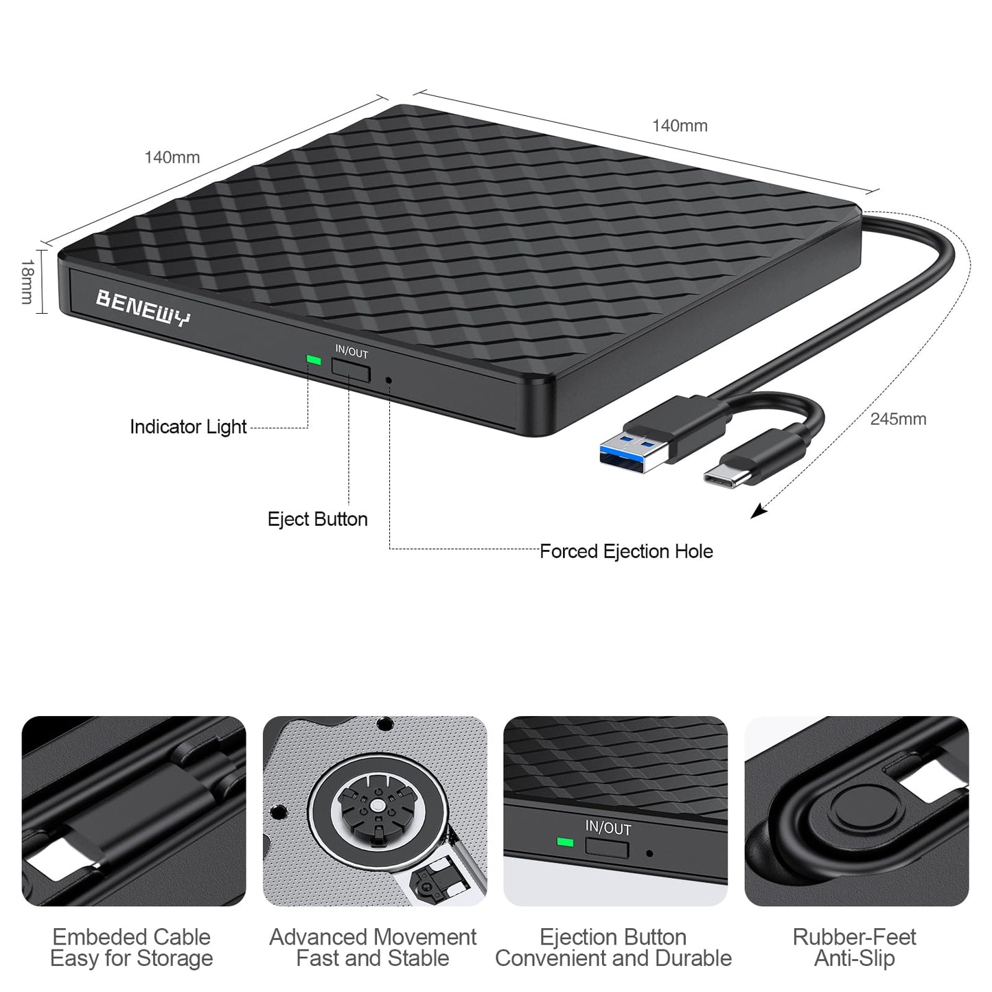 External CD DVD Drive, USB 3.0 and Type-C Portable CD DVD +/-Rw Drive Reader, DVD/CD ROM Burner Rewriter, Slim Optical DVD Drive for Laptop, Desktop, Mac, Macbook, OS/Windows 11/10/8.1/7 /Linux