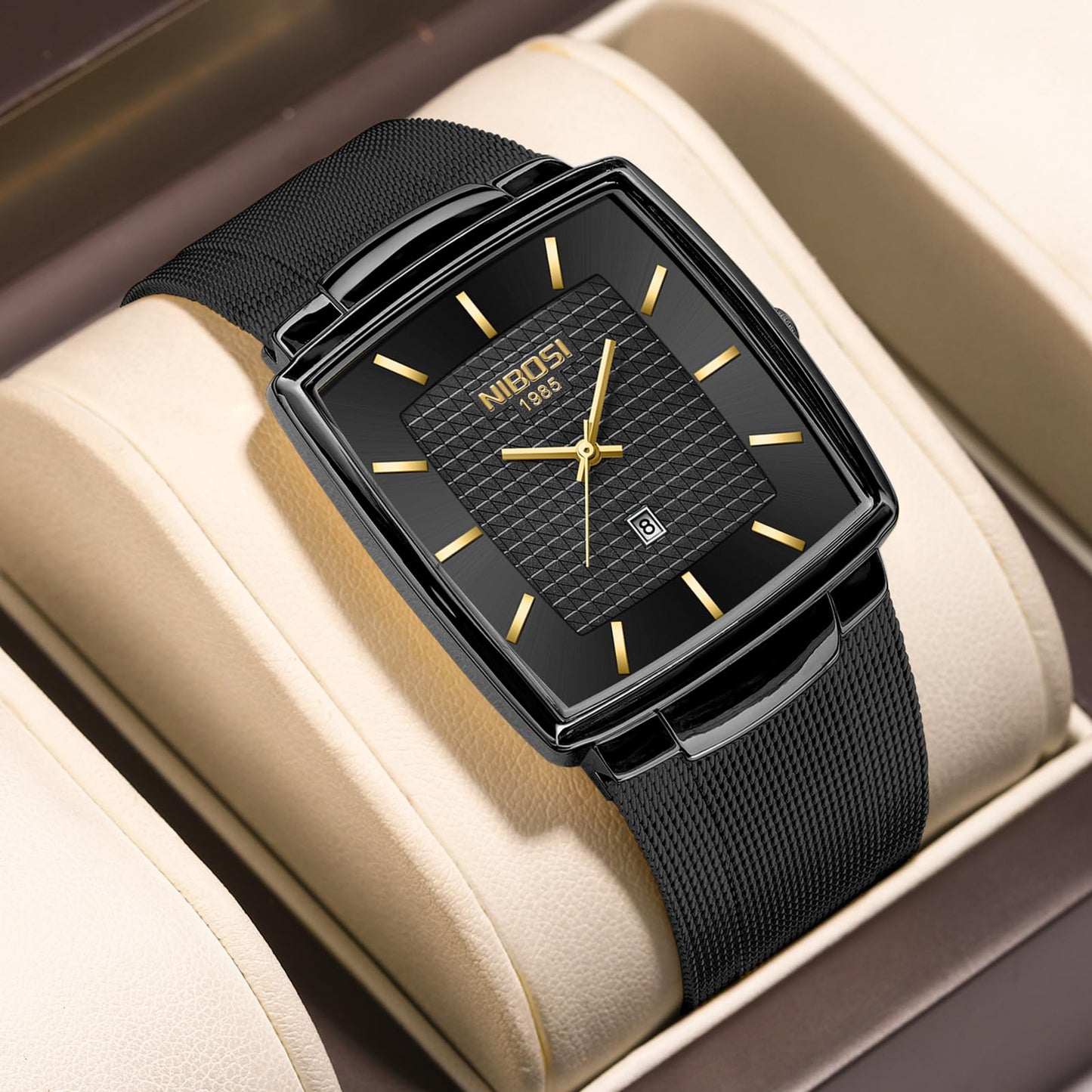 NIBOSI Men Watches Luxury Military Waterproof Sport Quartz Analog Square Wrist Watch for Men with Stainless Steel Mesh Band Date Calendar (All Black Gold)