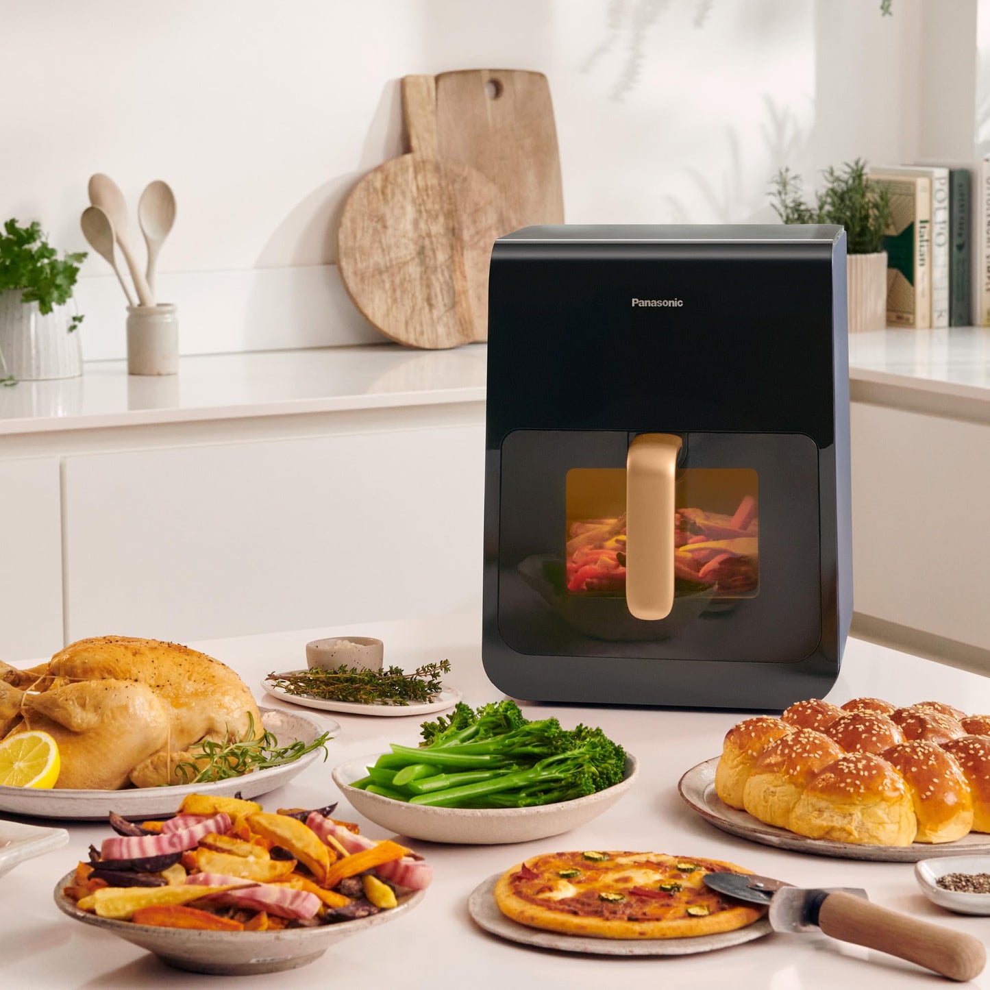 Panasonic NF-CC600AXC Air Fryer With Viewing Window, 6L, 80-200°C, Digital Timer & LCD, Gentle Steam, 11 Presets, Easy Clean, Black/Dark Blue & Rose Gold Handle