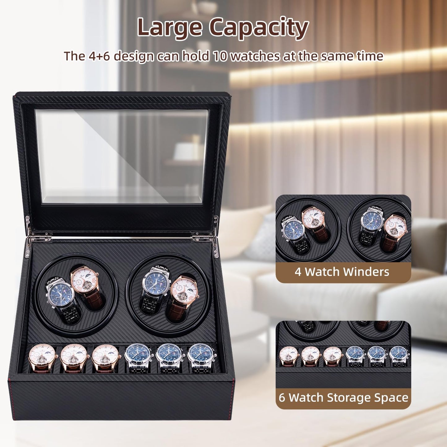 Mcbazel Automatic Watch Winder Box for 4 Watches,4 Watch Winder Box with 4 Watch Winder & 6 Extra Storage Space,Carbon Fiber Leather Watch Winder Storage Display Box with Quiet Running Motor