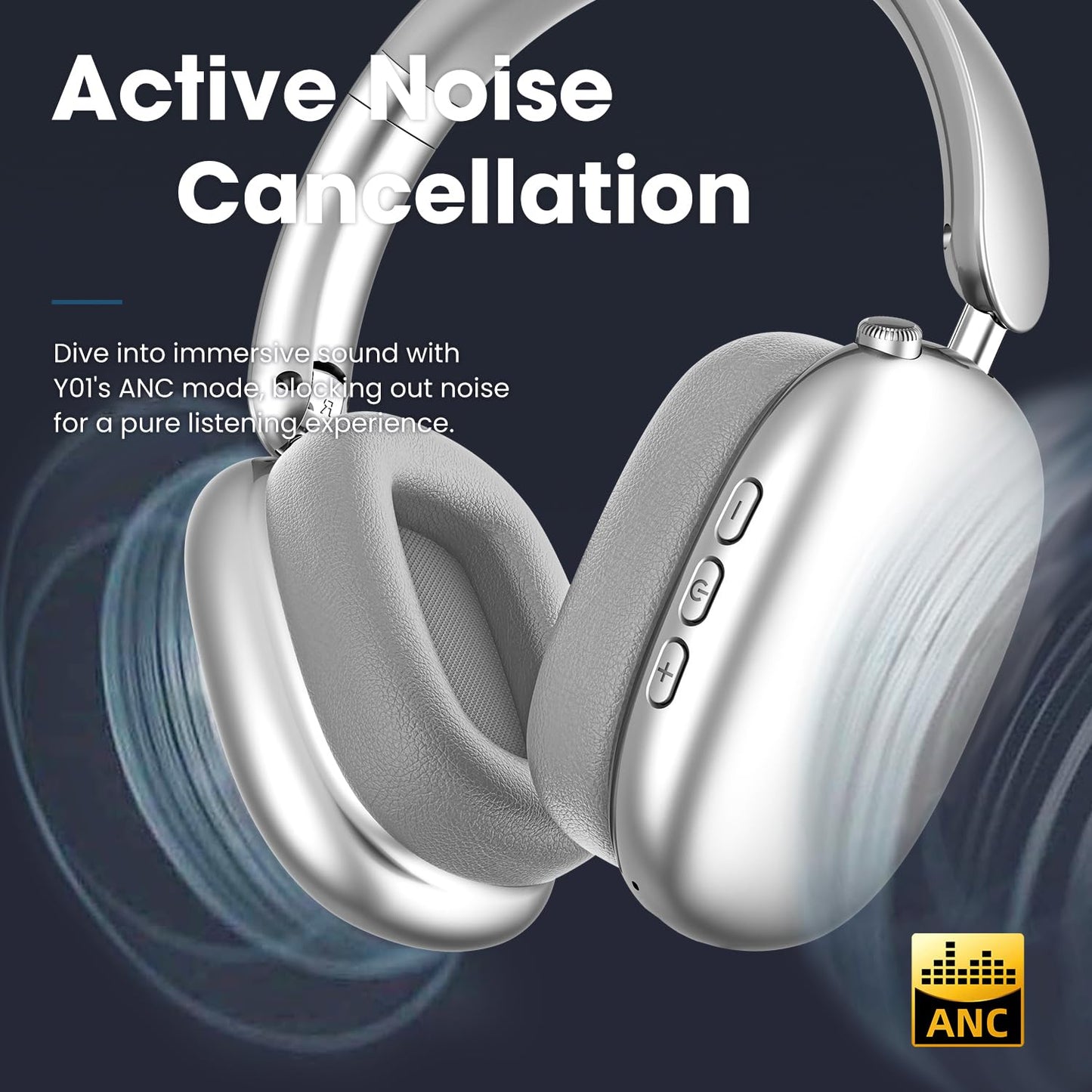 Wentronic Y01 Wireless Over Ear Headphones, Noise Canceling Bluetooth 5.3 Headphones with Microphones,Hi-Res Audio,48H Playtime,Foldable,Breathable Soft Earpads for iOS/Android/Samsung/PC-Silver