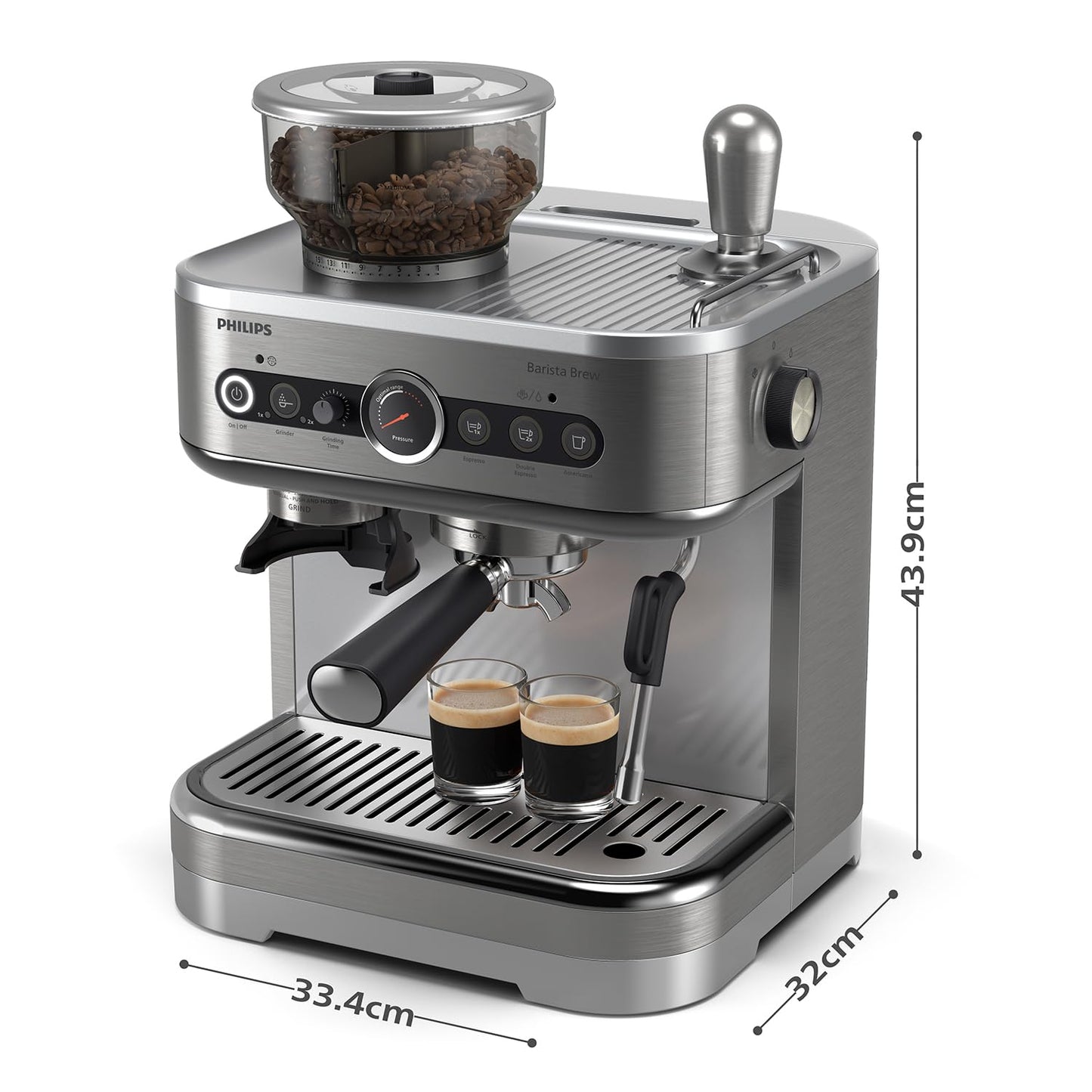 PHILIPS Barista Brew Espresso Machine - Intuitive Guidance. Calibrated Tamping. Elegant Design. 280g Dual Bean Container. Semi Automatic Espresso Machine. Metal Silver (PSA3228/01)