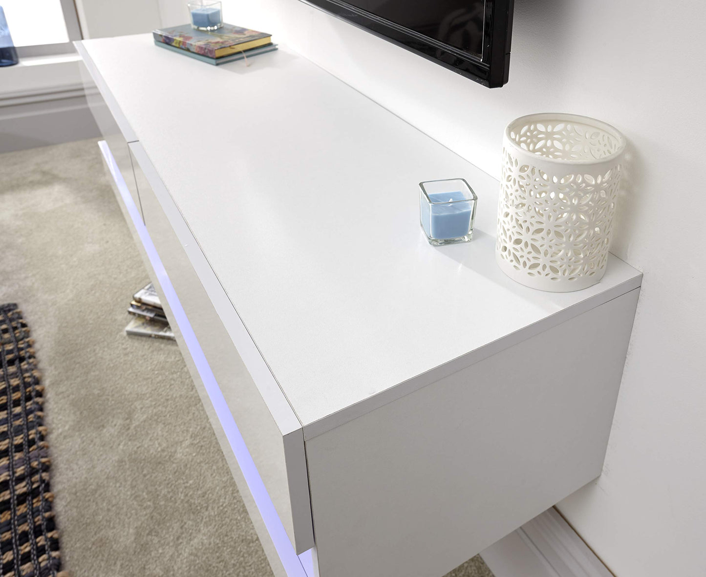 GFW Galicia Wall Mounted High Gloss Featuring A LED Downlight, This Floating TV Unit Console & Television Stand for Living Entertainment Room with Storage Shelves, Melamine, White, 120cm