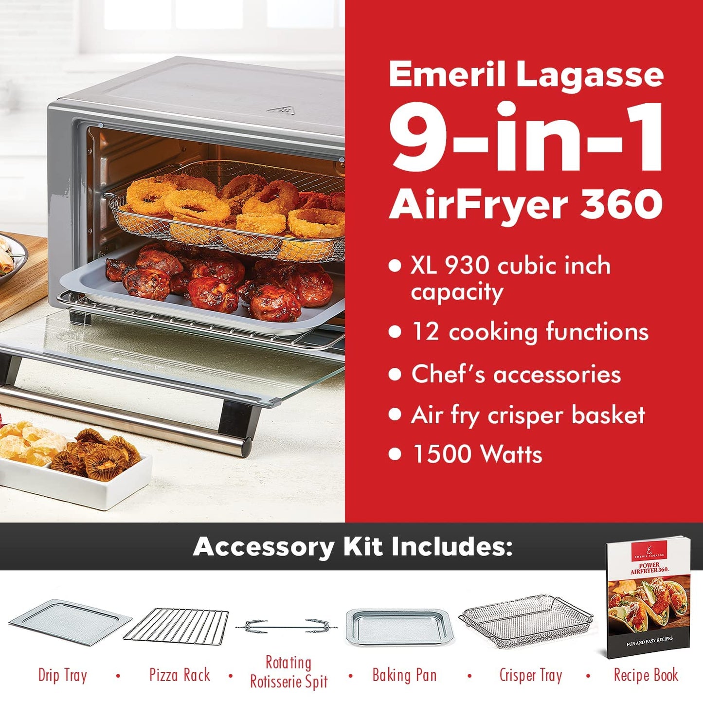 Emeril Lagasse 360 stainless steel air fryer, 360° fast cooking technology, XL capacity, 9 in 1, 12 preset cooking functions, including baking, frying, pizza,