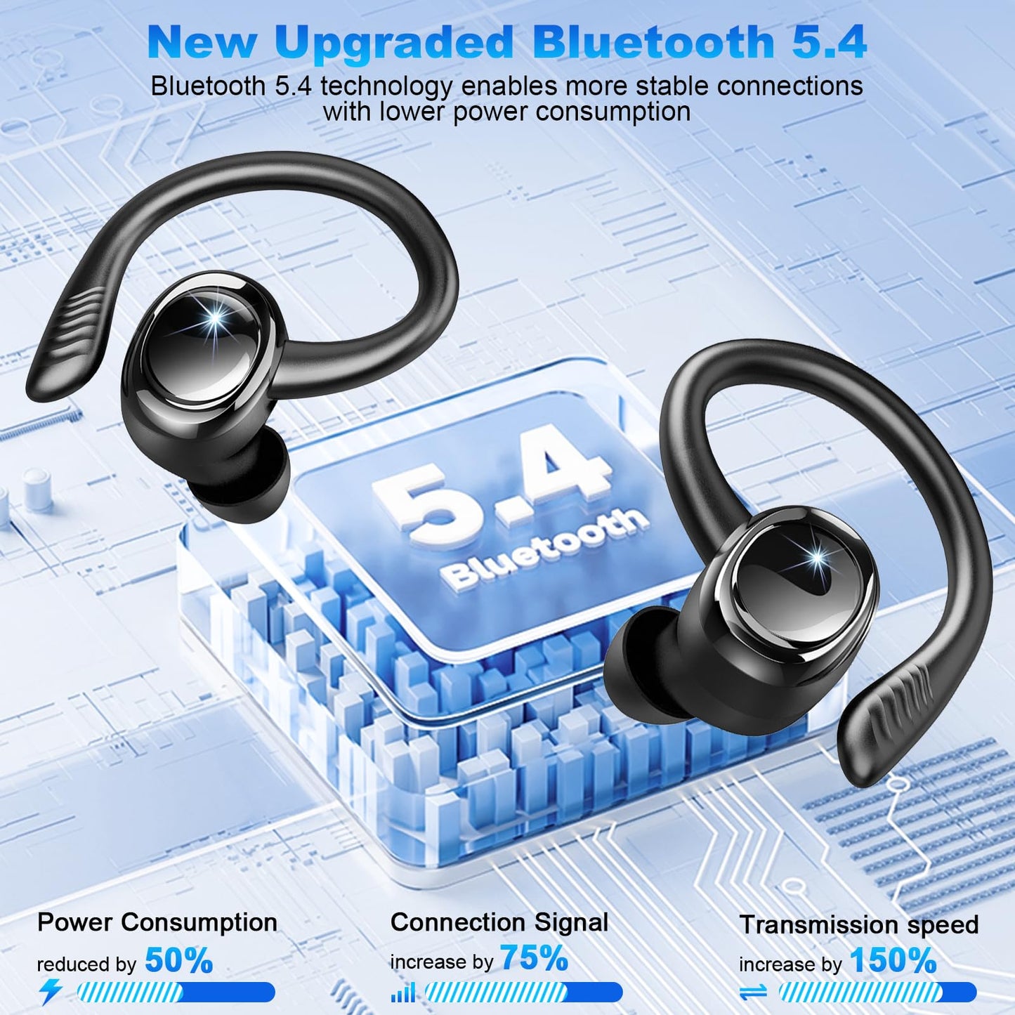 Wireless Earbuds, 2025 Bluetooth 5.4 Headphones Sport, Deep Bass Stereo in Ear Headphone, 4 ENC Noise Cancelling Mic Earphones, 50Hrs USB-C IP7 Waterproof Android iOS Ear Buds for Running Gym Workout